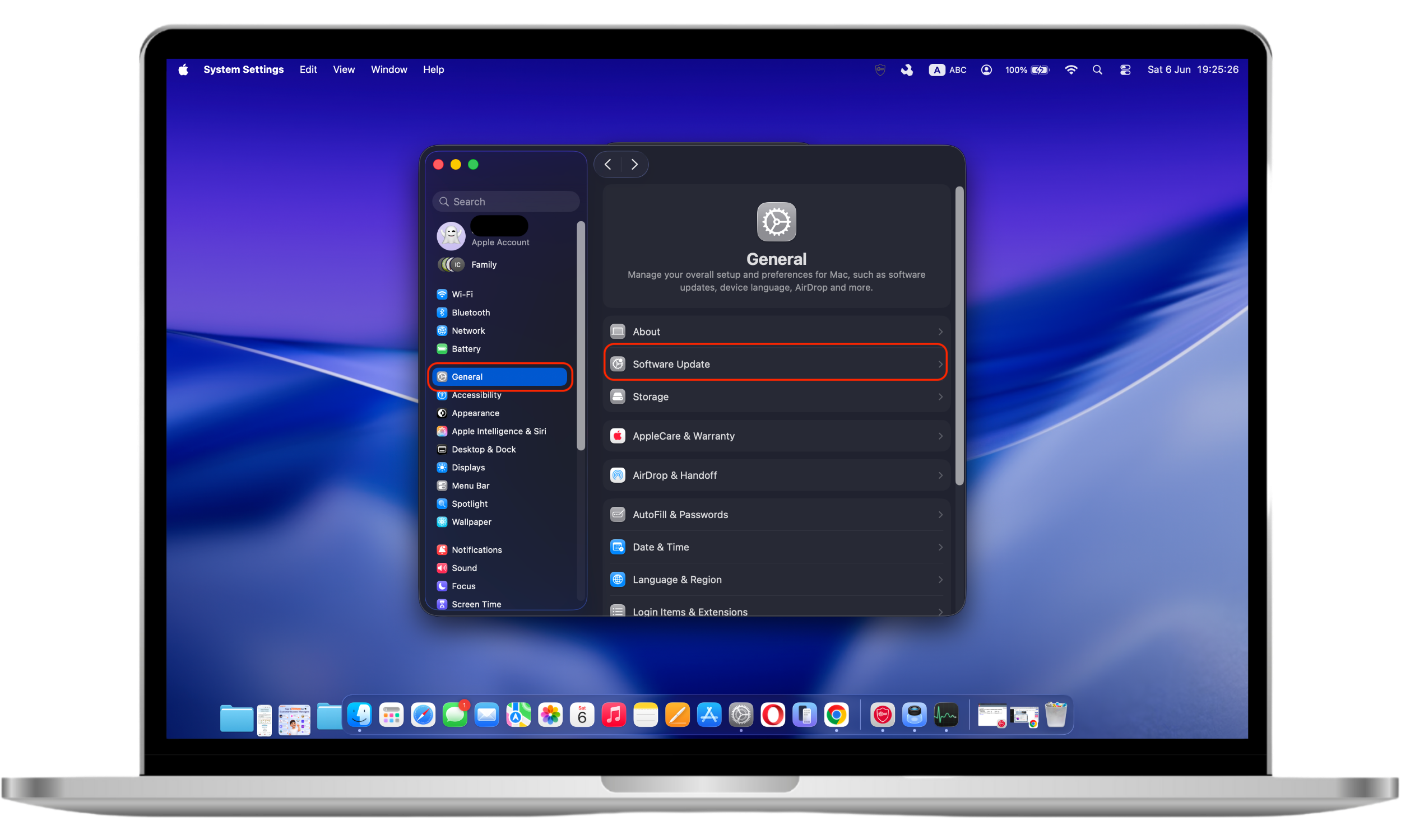 The Software Update section in System Settings is displayed on a Mac, allowing users to check for and install available macOS updates.