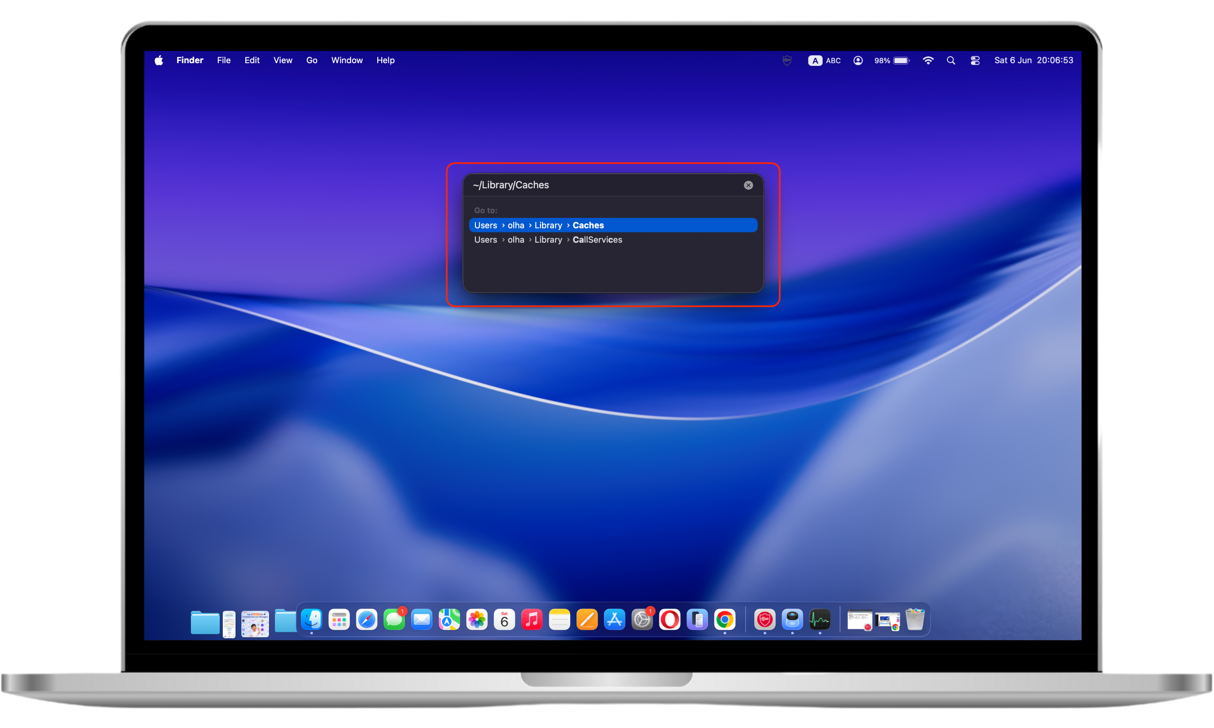 The Go to Folder window in Finder displays the path '~/Library/Caches', allowing users to access cache files stored in their macOS user account.