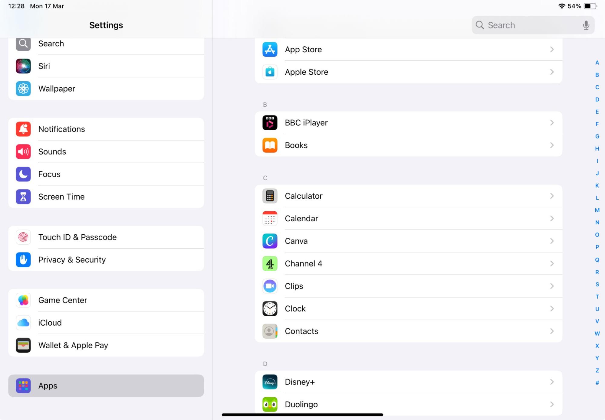 The Apps Settings on an iPad, with a variety of apps shown. As a way to detect spyware on iPad, you can look through the list of installed apps. The Apps Settings on an iPad, with a variety of apps shown. As a way to detect spyware on iPad, you can look through the list of installed apps.