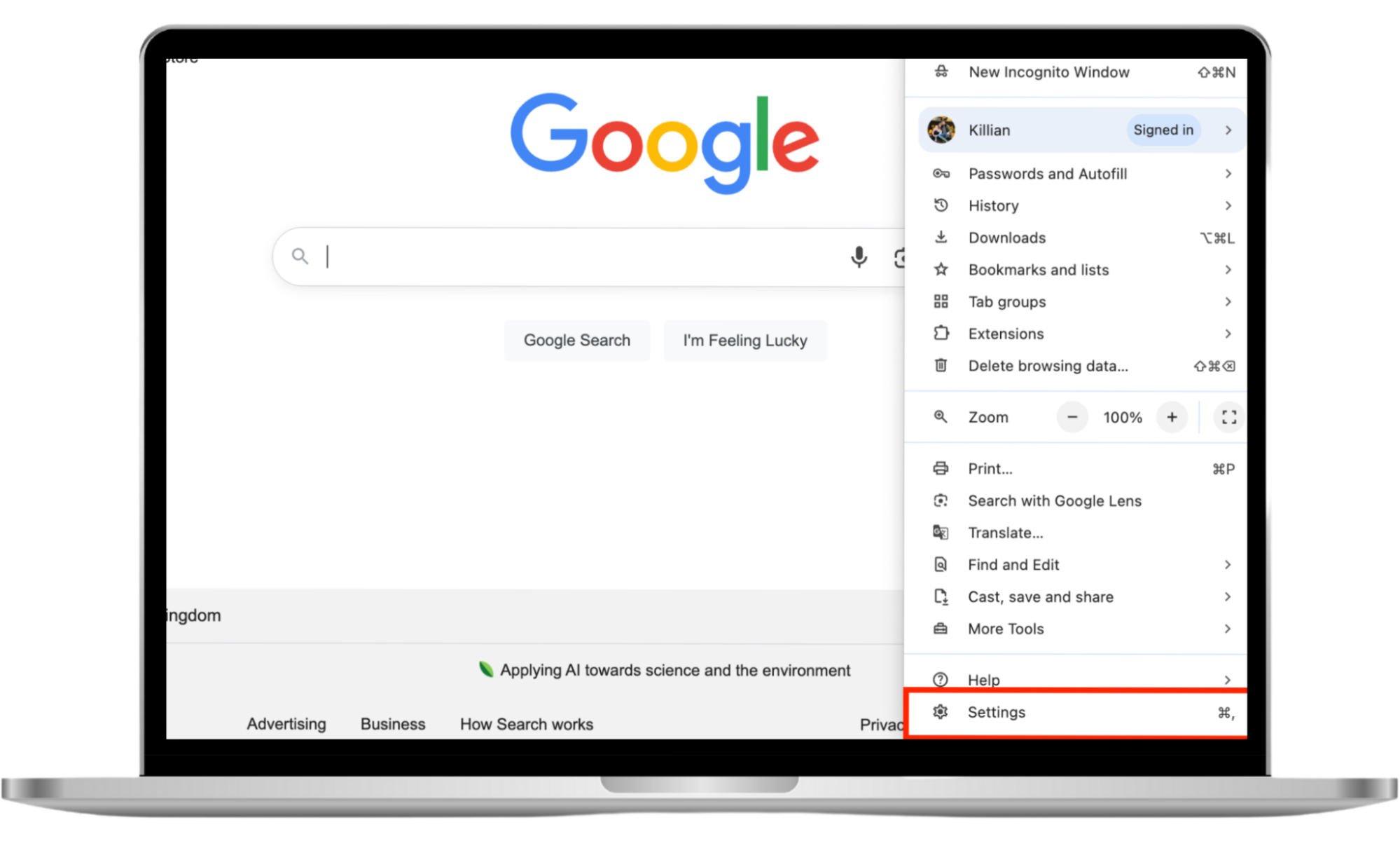 The Settings option in the Google Chrome menu on Mac. If you're concerned about a Look2Me infection in Google Chrome, go into the Settings menu to reset your browser's settings. The Settings option in the Google Chrome menu on Mac. If you're concerned about a Look2Me infection in Google Chrome, go into the Settings menu to reset your browser's settings.