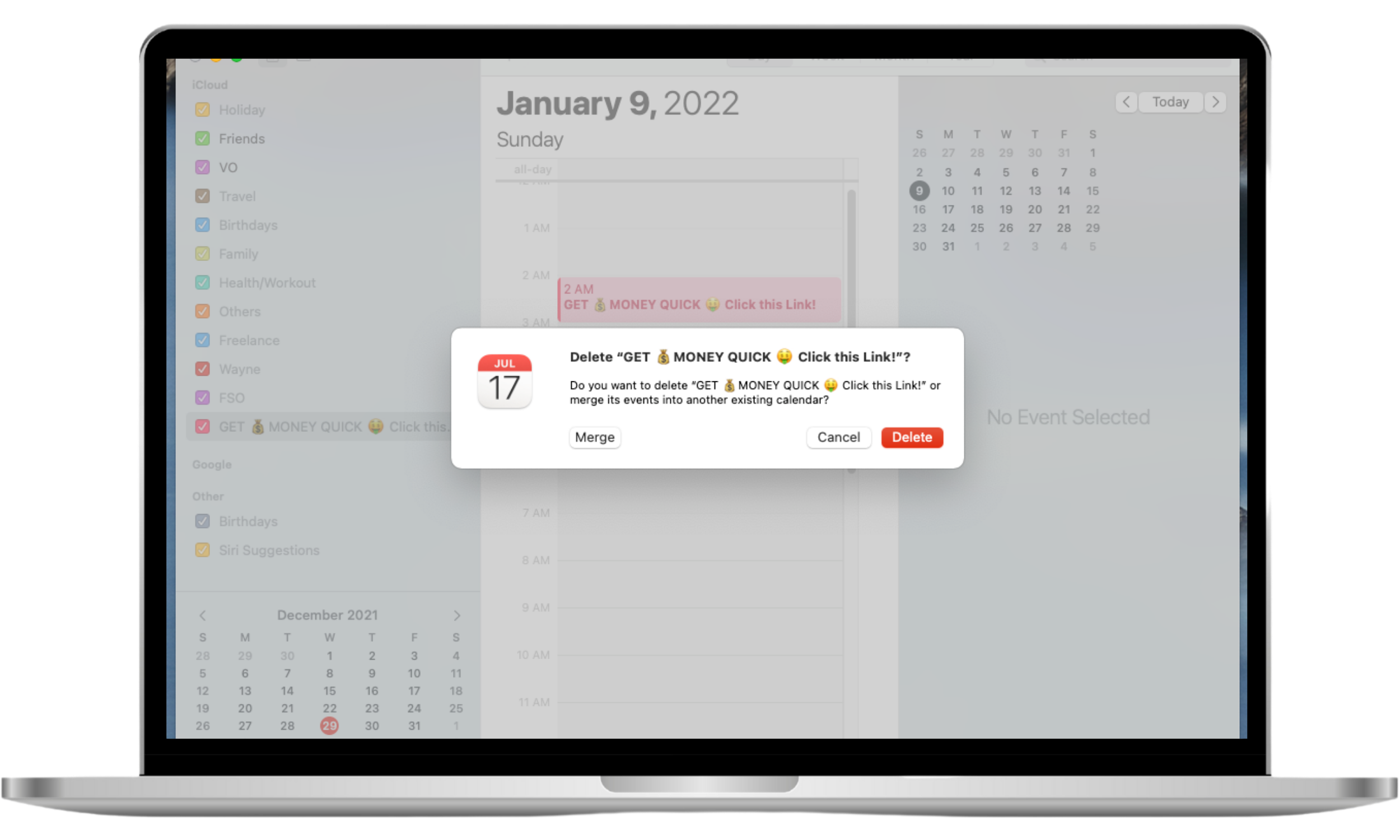 Mac Calendar pop-up showing merge or delete option when removing a spam calendar, with Delete selected to permanently remove all events