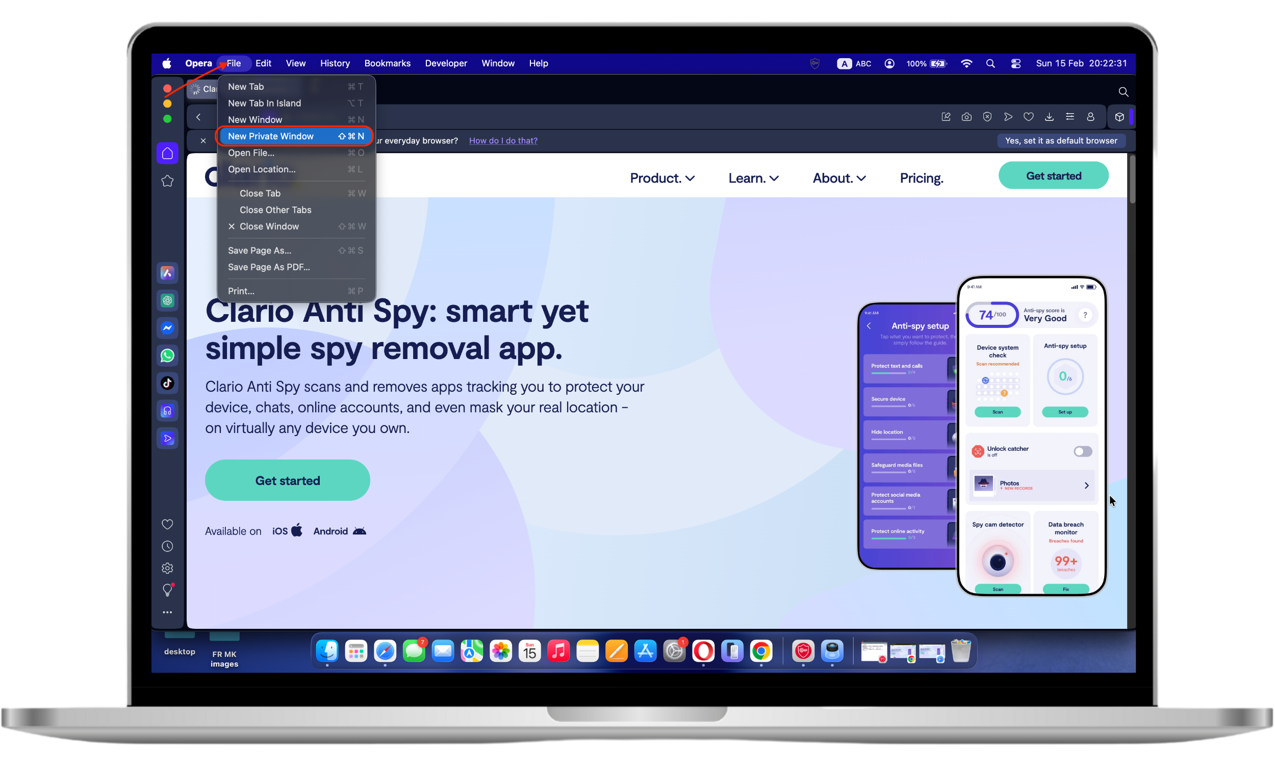 Opera menu showing File option with New Private Window selected and keyboard shortcut visible. Opera menu showing File option with New Private Window selected and keyboard shortcut visible.