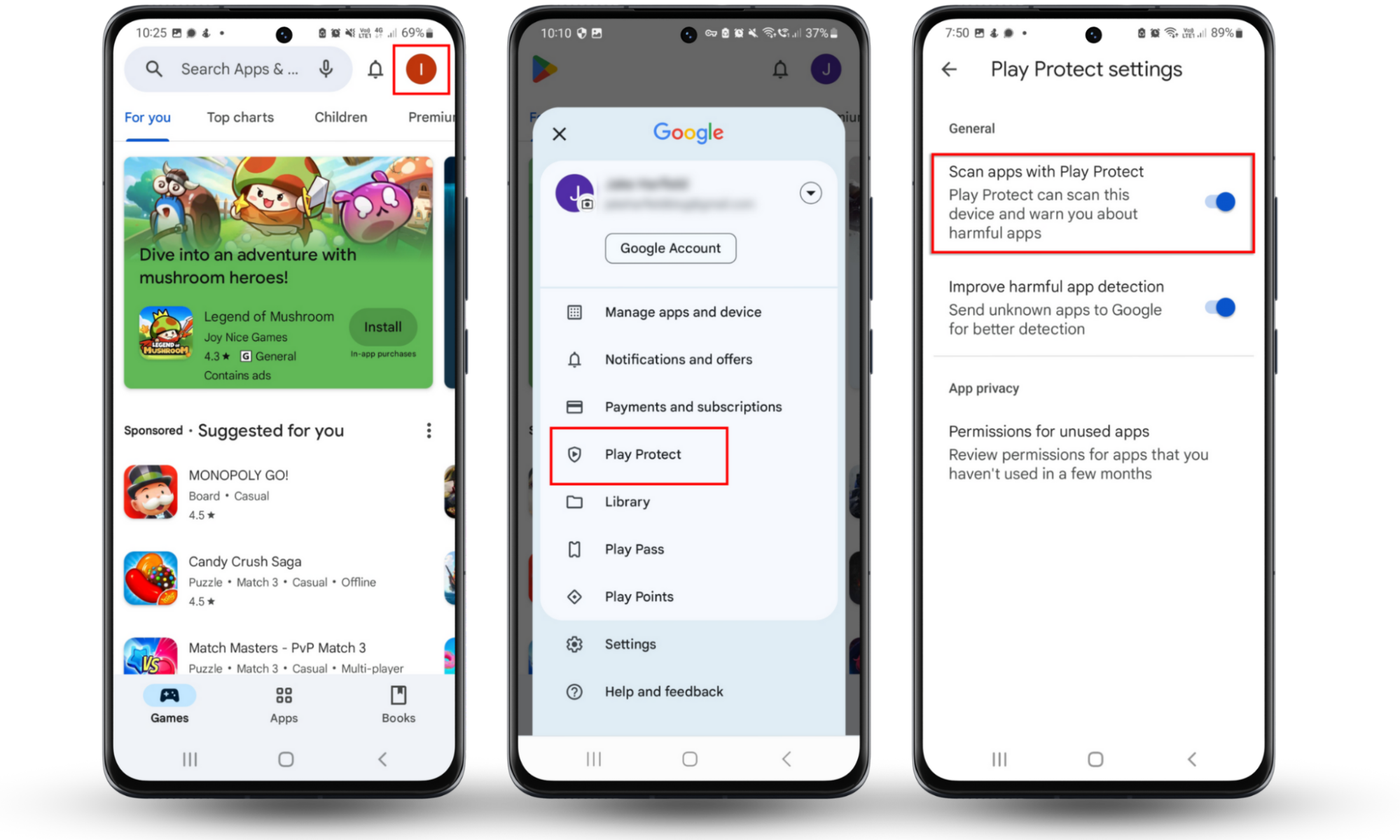 To protect yourself against Android spyware file names, enable Google Play Protect. Open Google Play Store > Profile > Play Protect and toggle on Scan apps with Play Protect.