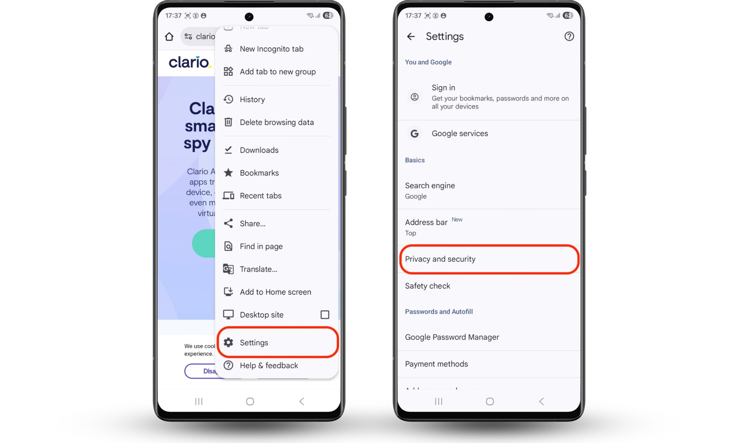 Chrome Android settings menu showing three dots opened with Privacy and security option selected to reset browser after hijacking