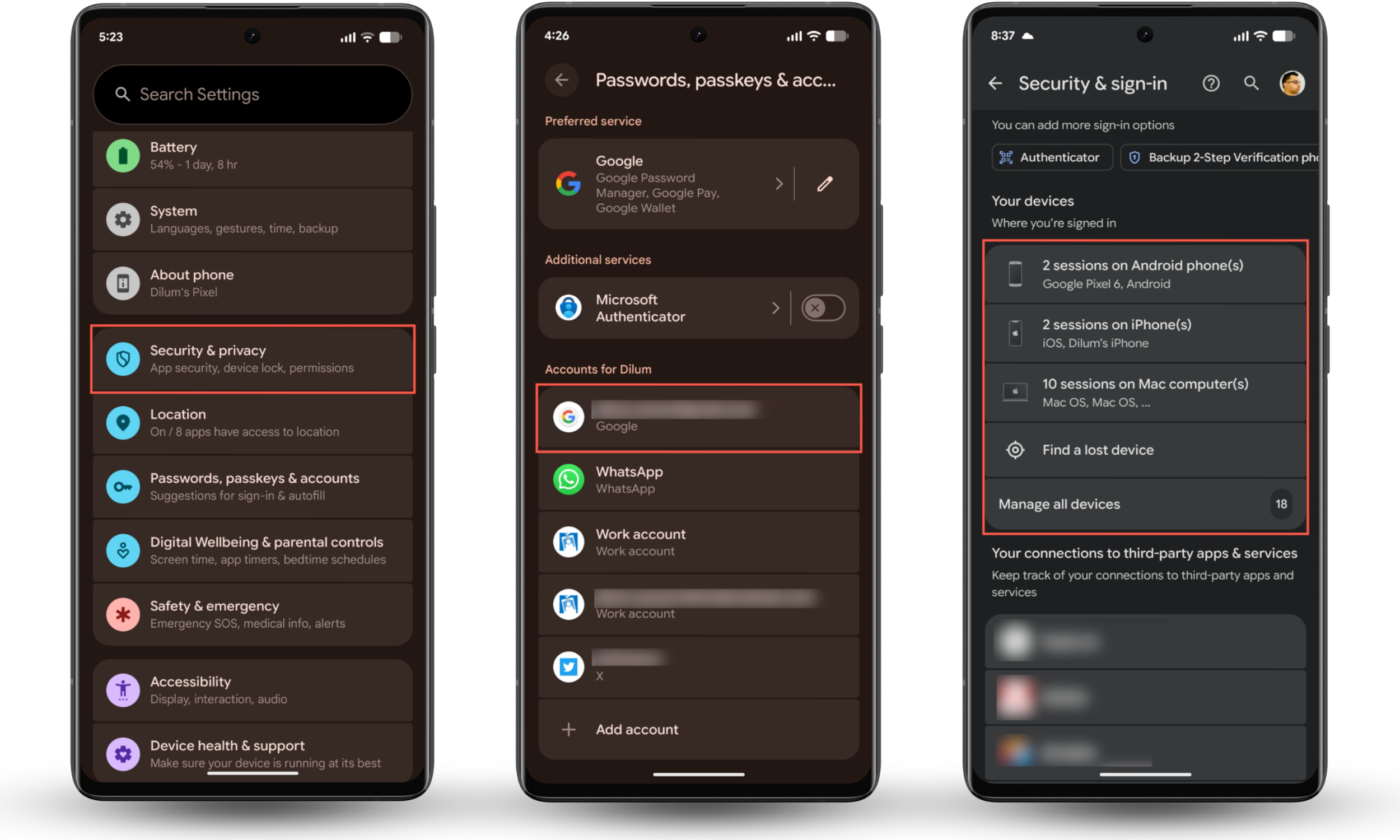 These Android screenshots show how to check if you use a shared Google account if your husband's phone appears to be connected to yours.
