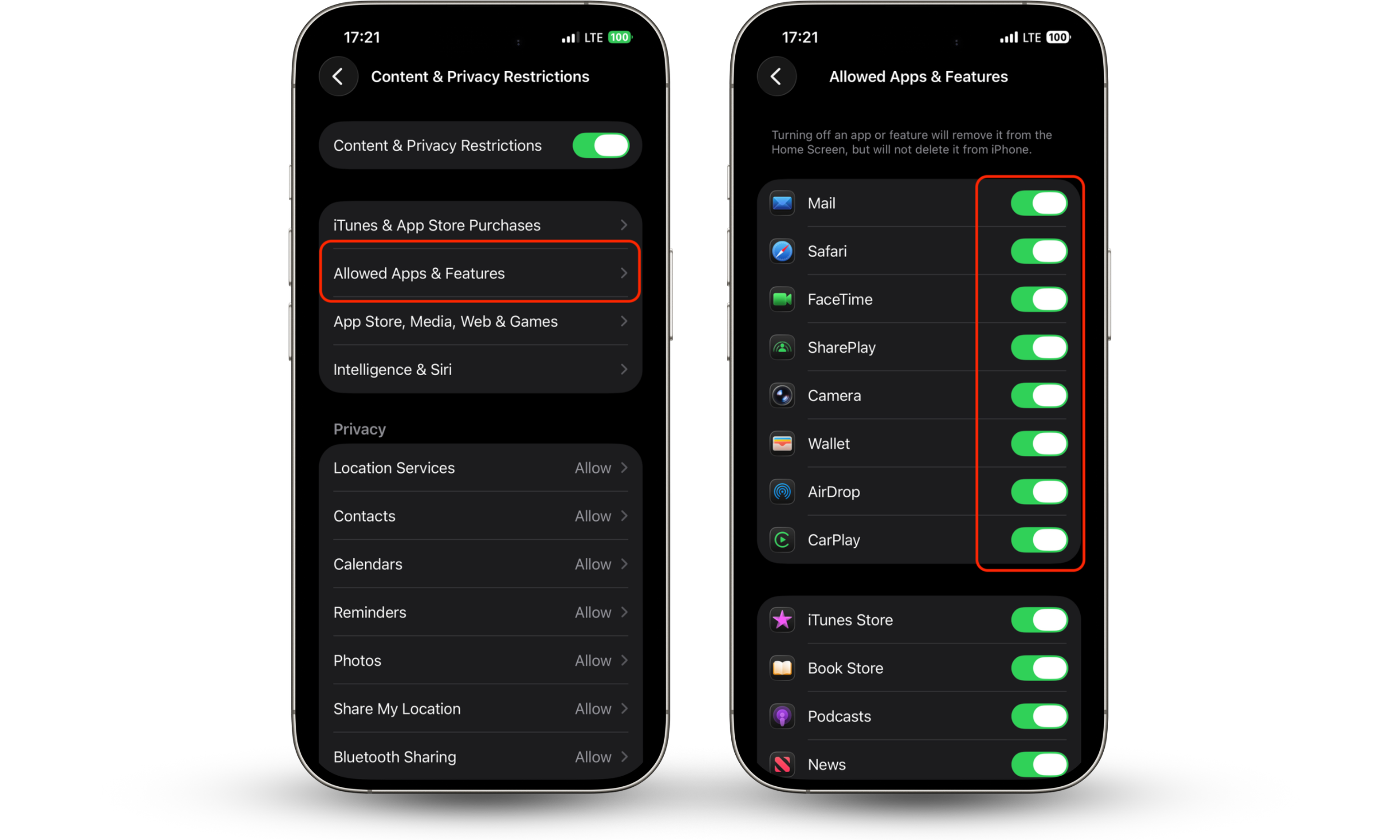 The Allowed Apps screen in iPhone Settings shows a list of apps with toggle switches, with one switch turned off to hide the app.