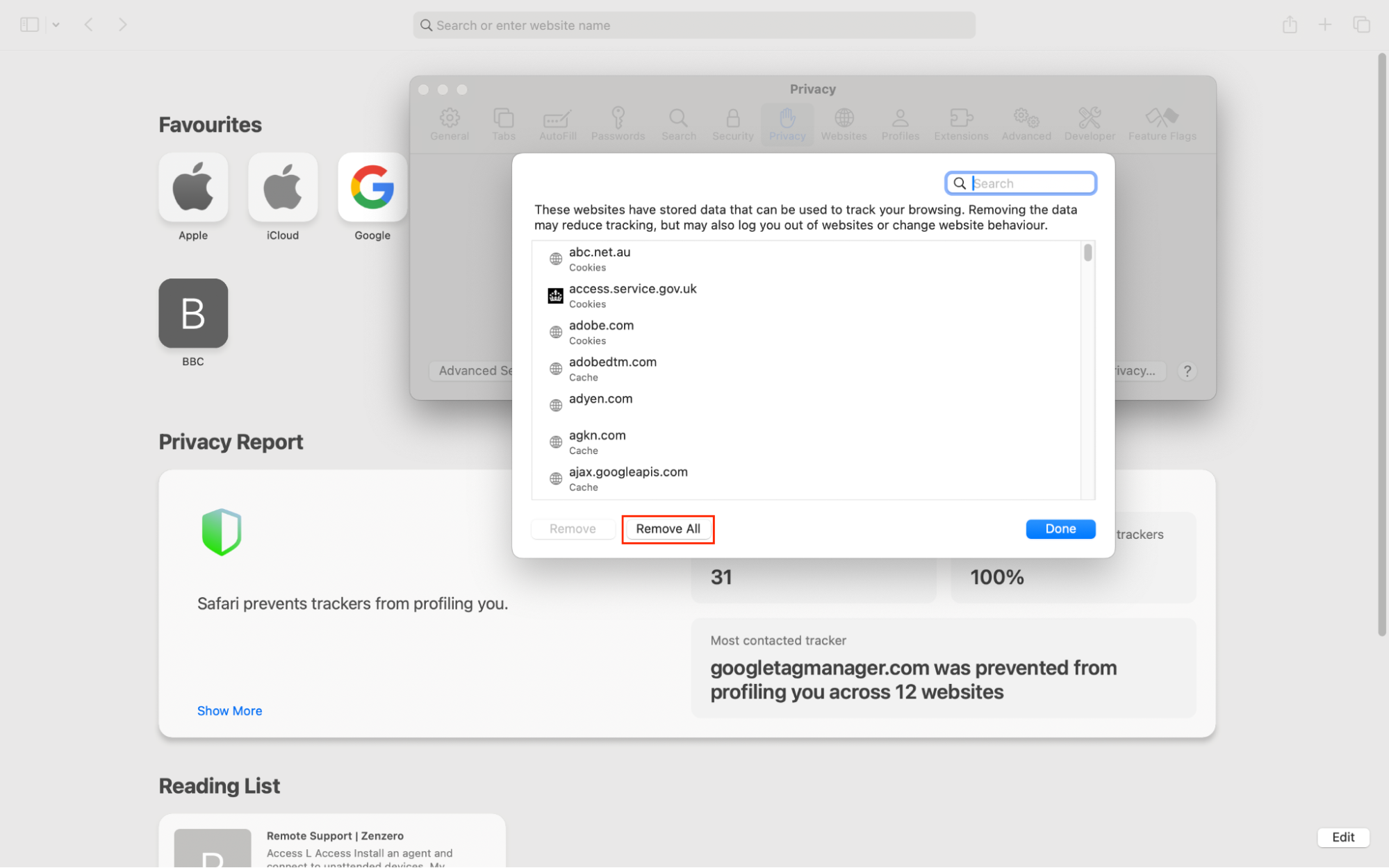 The Manage Website Data screen in Safari. To clear cookies in Safari on macOS, click Remove All and then press Done. The Manage Website Data screen in Safari. To clear cookies in Safari on macOS, click Remove All and then press Done.