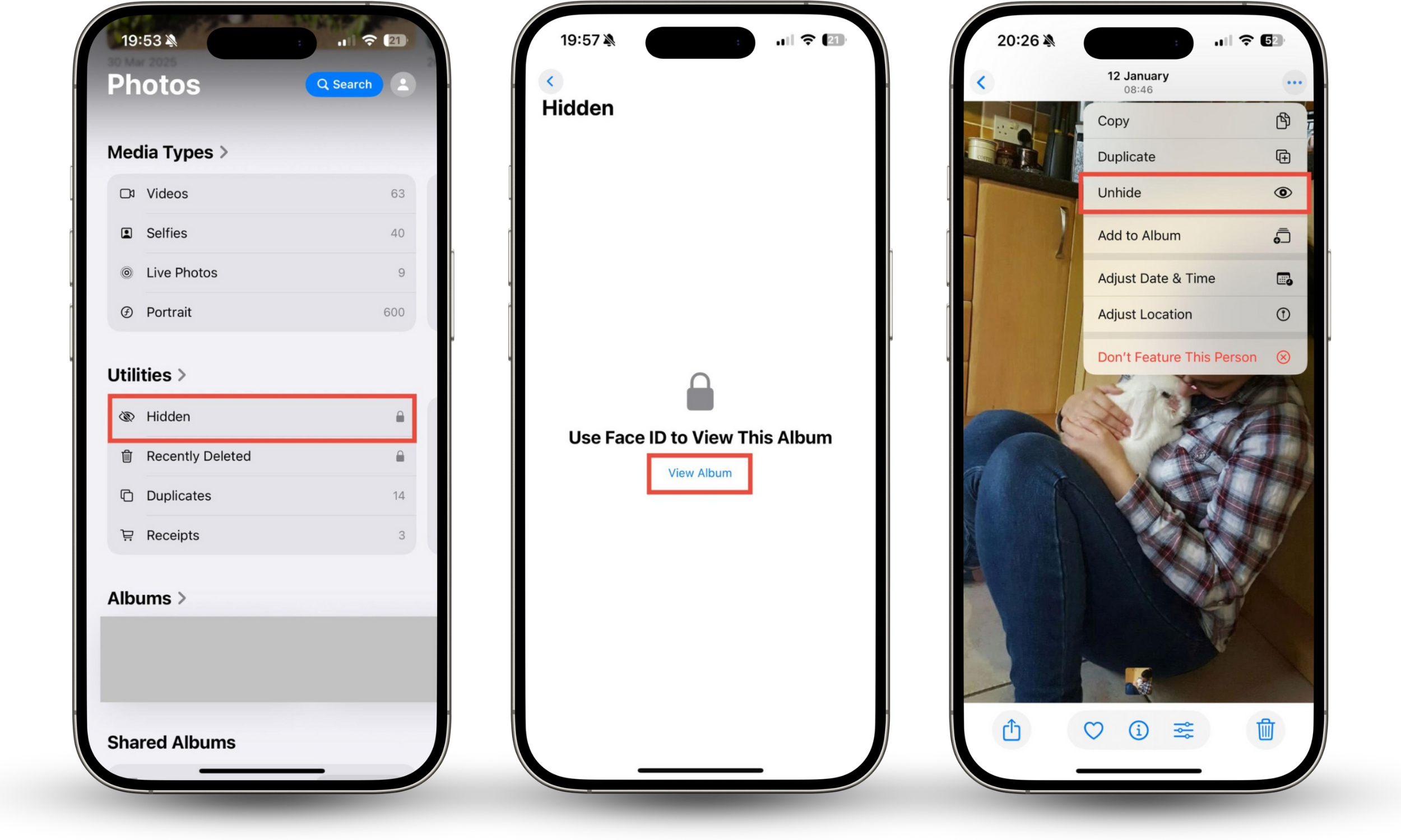 The steps needed to unhide a photo on an iPhone using Apple's Photos app. If you add a photo to hidden album and want to restore it, this is how. The steps needed to unhide a photo on an iPhone using Apple's Photos app. If you add a photo to hidden album and want to restore it, this is how.