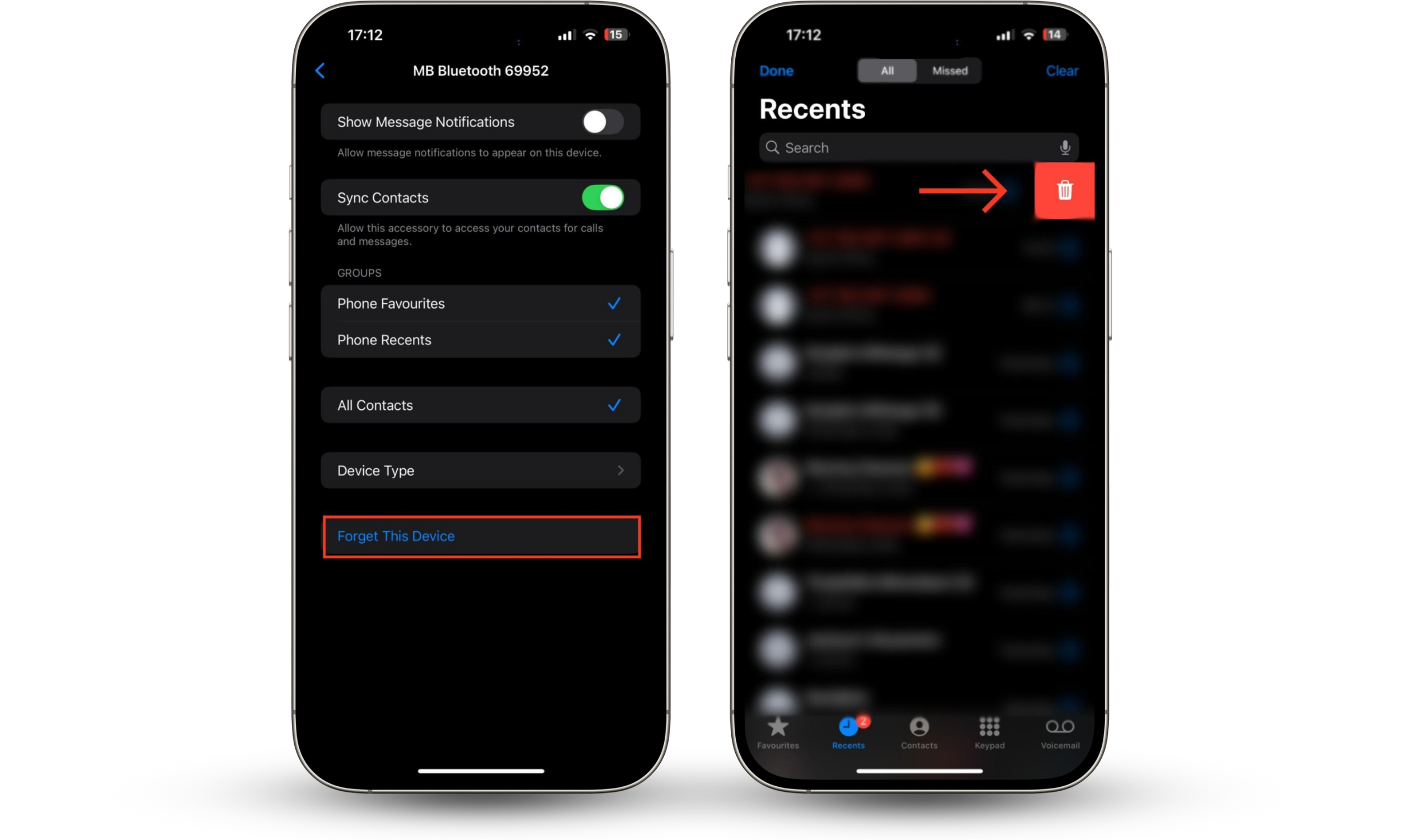 Bluetooth settings and recent calls are shown on an iPhone. Forget your car and remove recent calls to delete your call history from the car. Bluetooth settings and recent calls are shown on an iPhone. Forget your car and remove recent calls to delete your call history from the car.