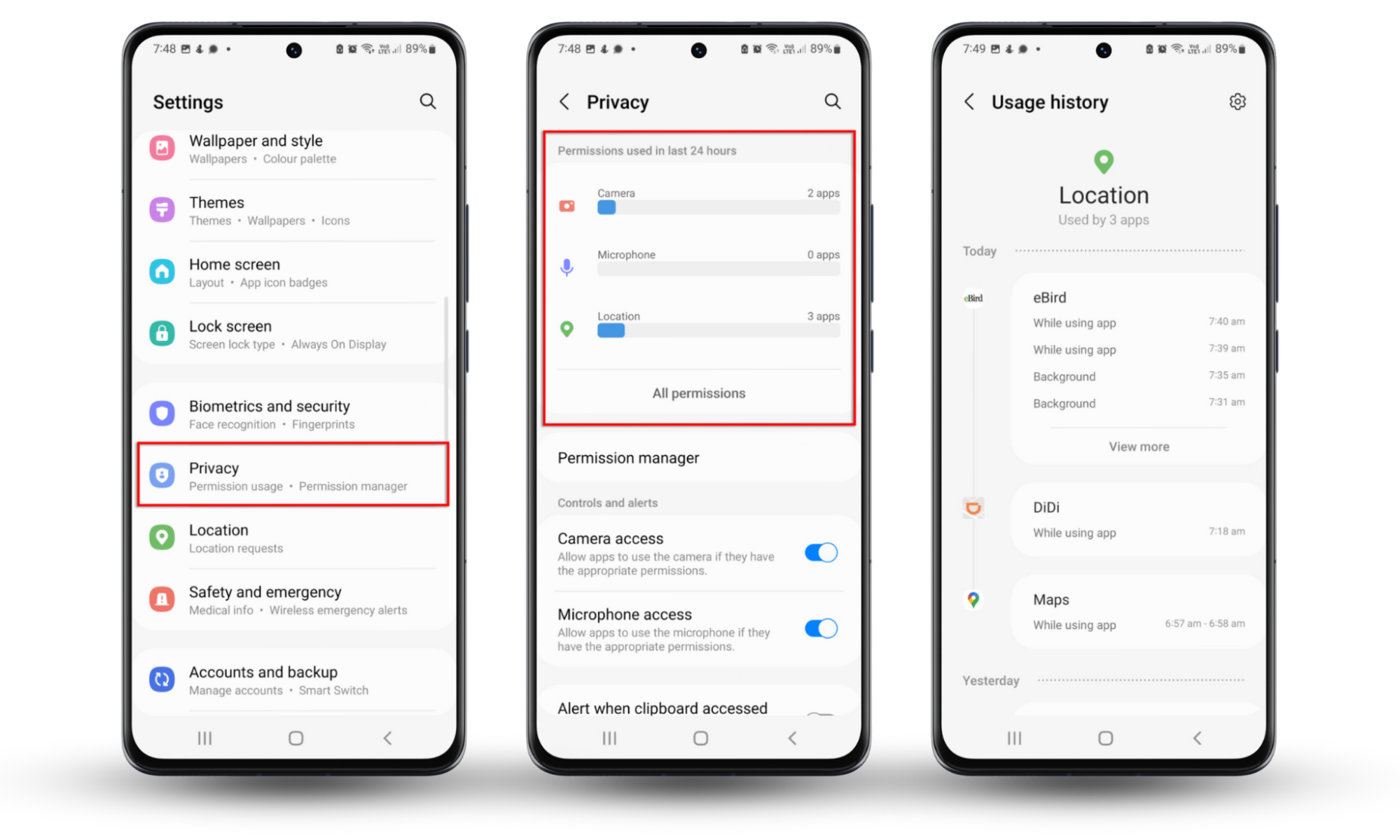 Screenshots of an Android phone showing how to access the Permissions used in the last 24 hours, helping see whether you have hidden spy apps. Screenshots of an Android phone showing how to access the Permissions used in the last 24 hours, helping see whether you have hidden spy apps.