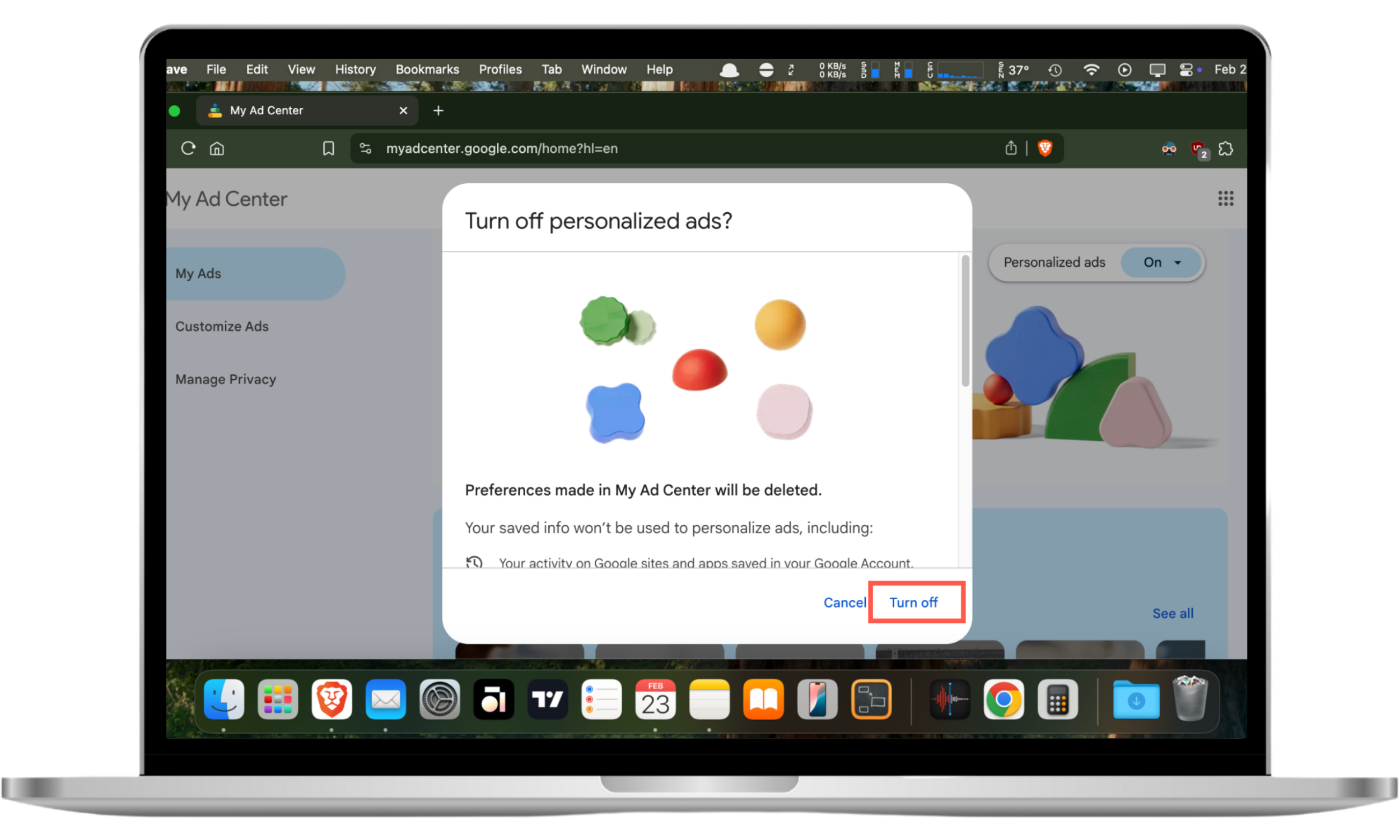 This browser screenshot shows how to confirm you want to block personalized Google ads via the My Ad Center in your personal Google Account. This browser screenshot shows how to confirm you want to block personalized Google ads via the My Ad Center in your personal Google Account.