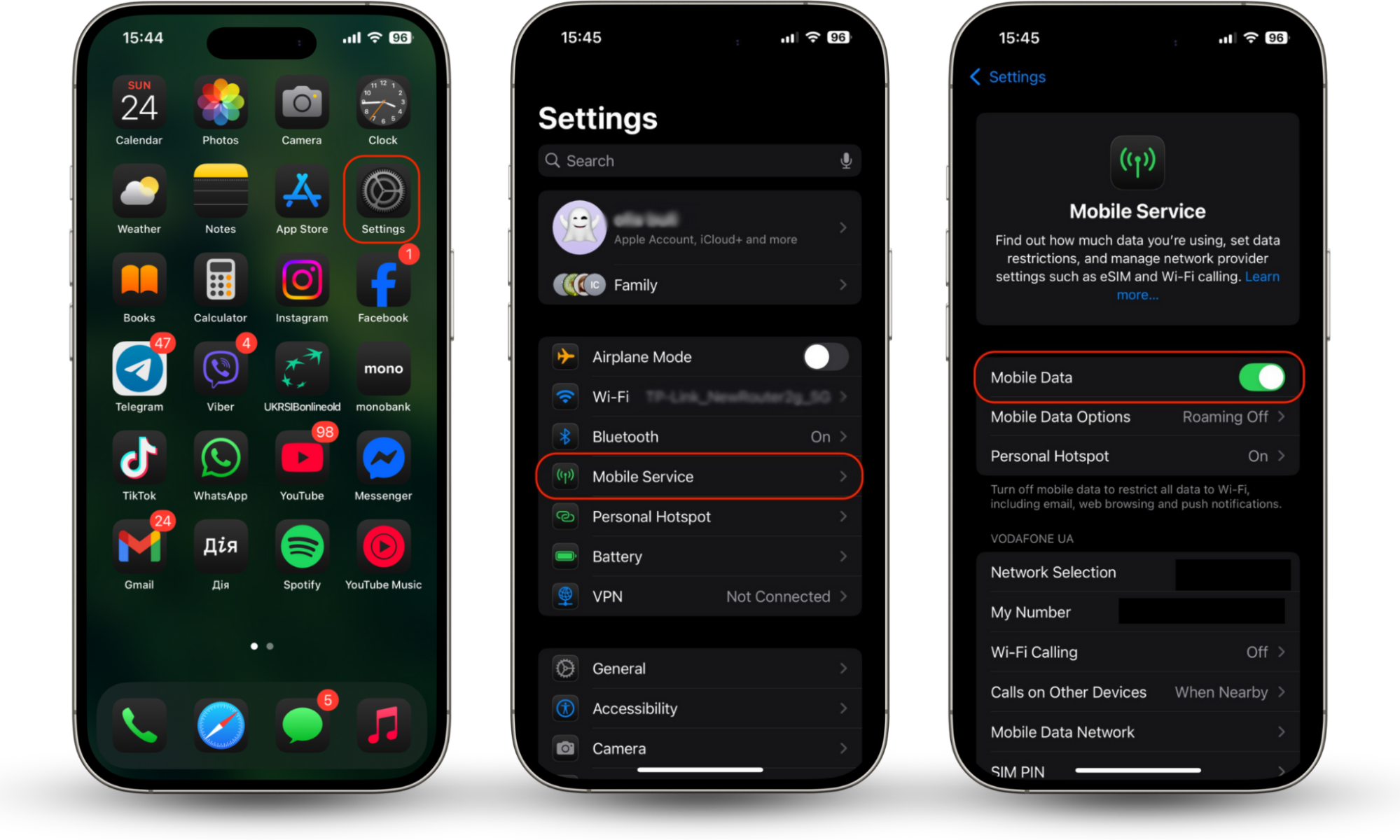 iPhone Settings showing how to turn off Mobile Data in Mobile Service helping to pause your location on Life360 without it showing. iPhone Settings showing how to turn off Mobile Data in Mobile Service helping to pause your location on Life360 without it showing.
