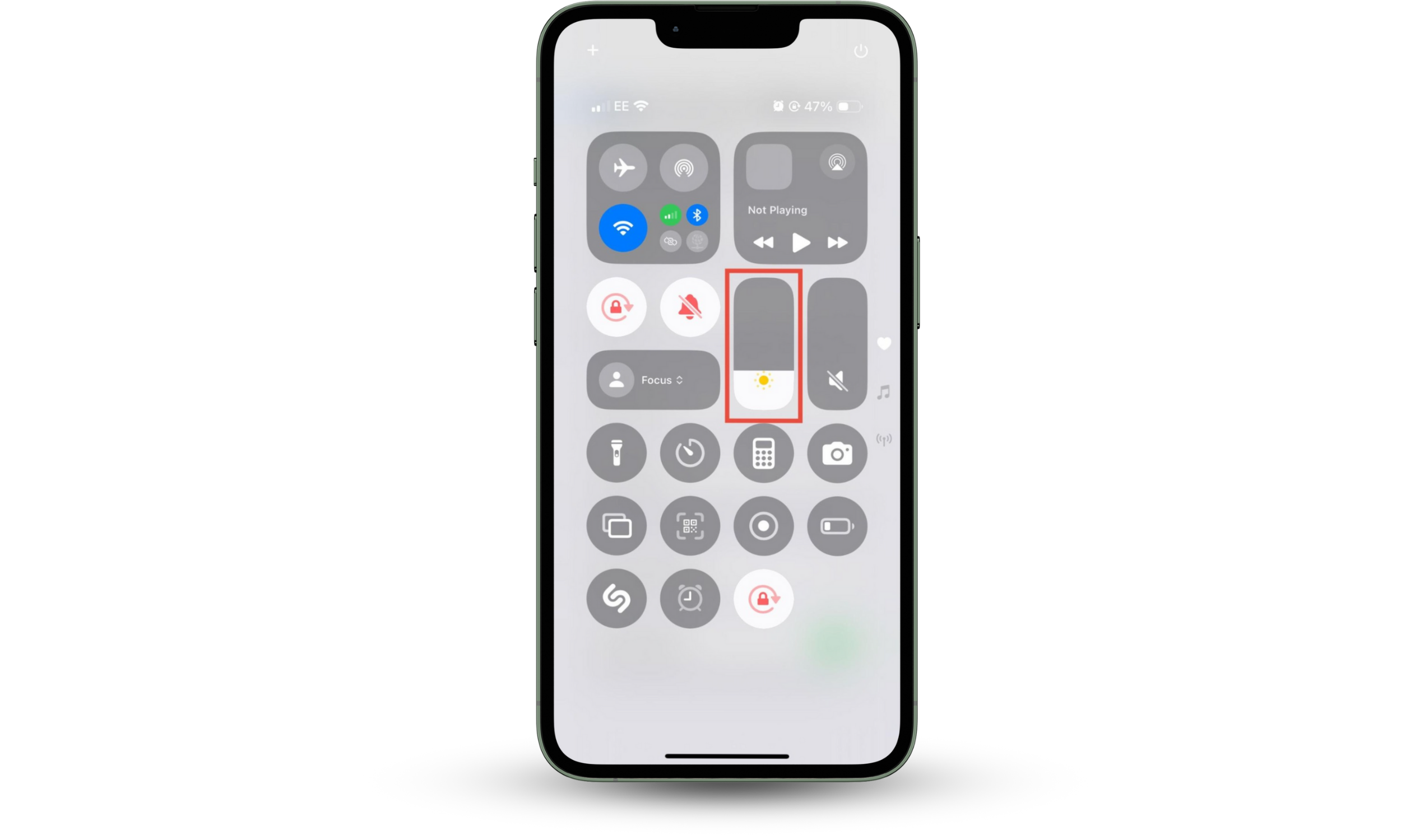 The Control Center on an iPhone, with the brightness slider highlighted. Screen of your iPhone glitching? Adjust the brightness. The Control Center on an iPhone, with the brightness slider highlighted. Screen of your iPhone glitching? Adjust the brightness.