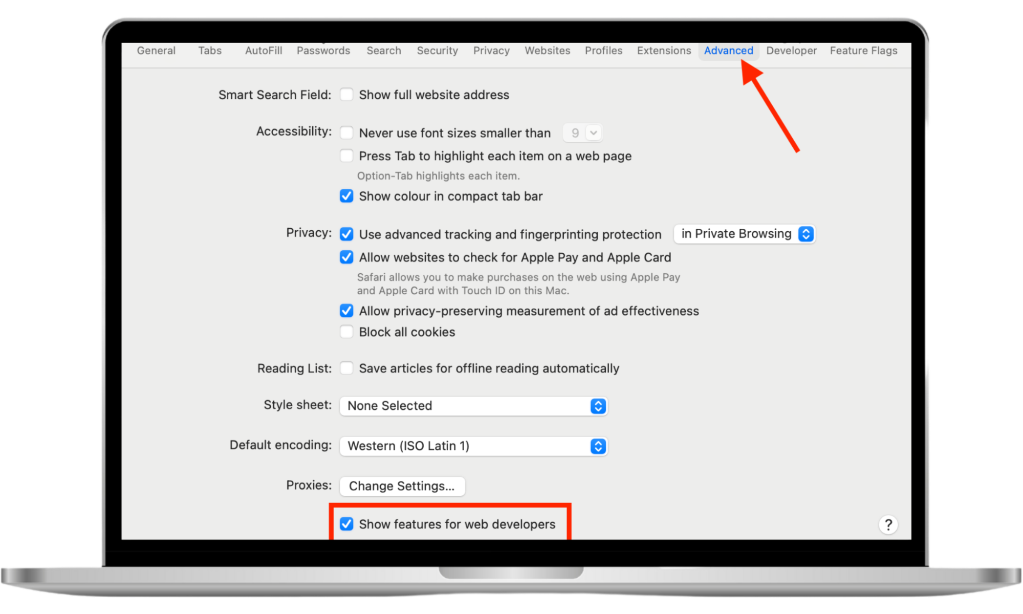 The Advanced tab inside Safari's settings menu on Mac. Check the box to Show features for web developers so that you can clear Safari's caches when you have a Look2Me infection. The Advanced tab inside Safari's settings menu on Mac. Check the box to Show features for web developers so that you can clear Safari's caches when you have a Look2Me infection.