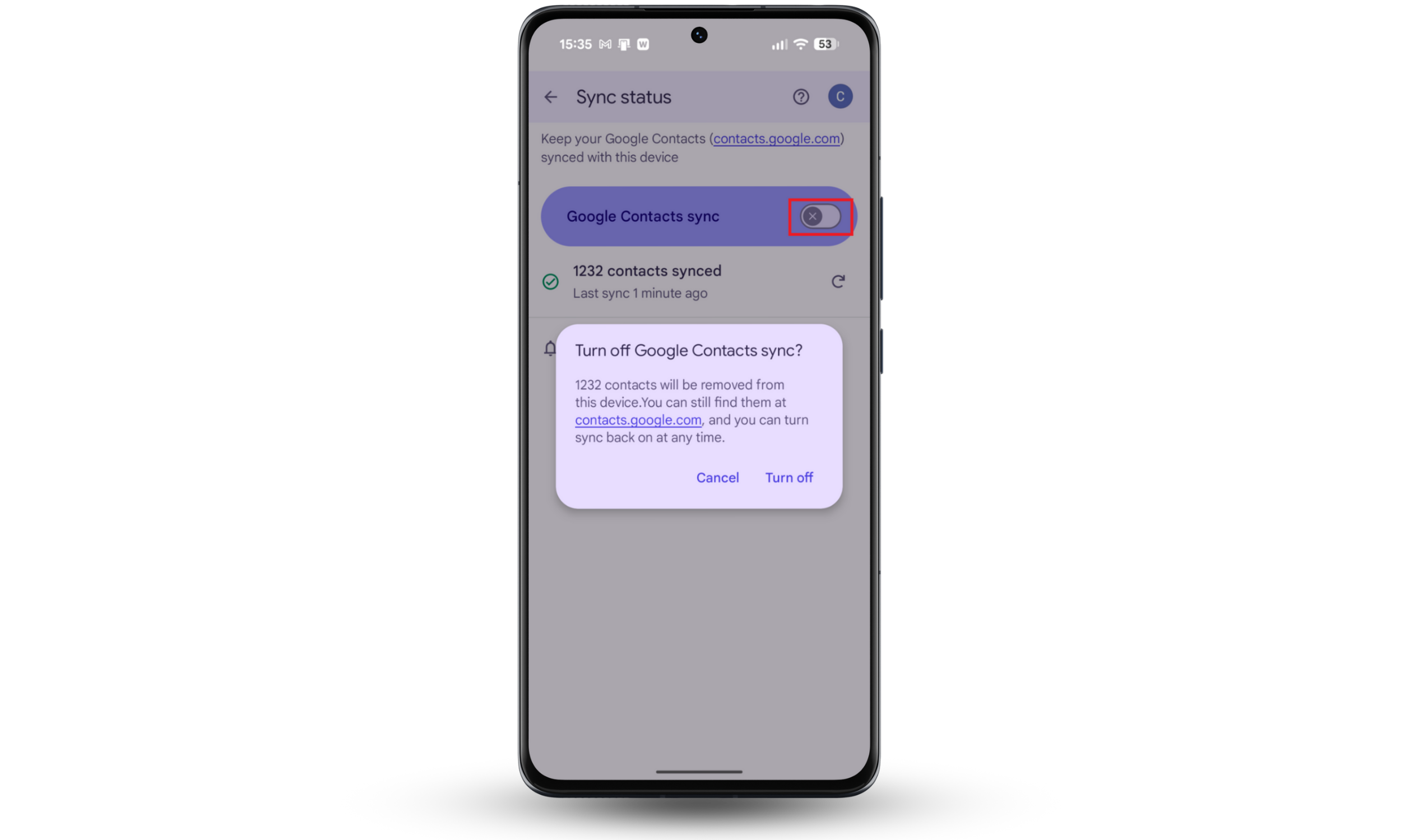 Google Contacts sync screen showing how to stop contacts syncing on another phone by turning off Google Contacts sync on Android.