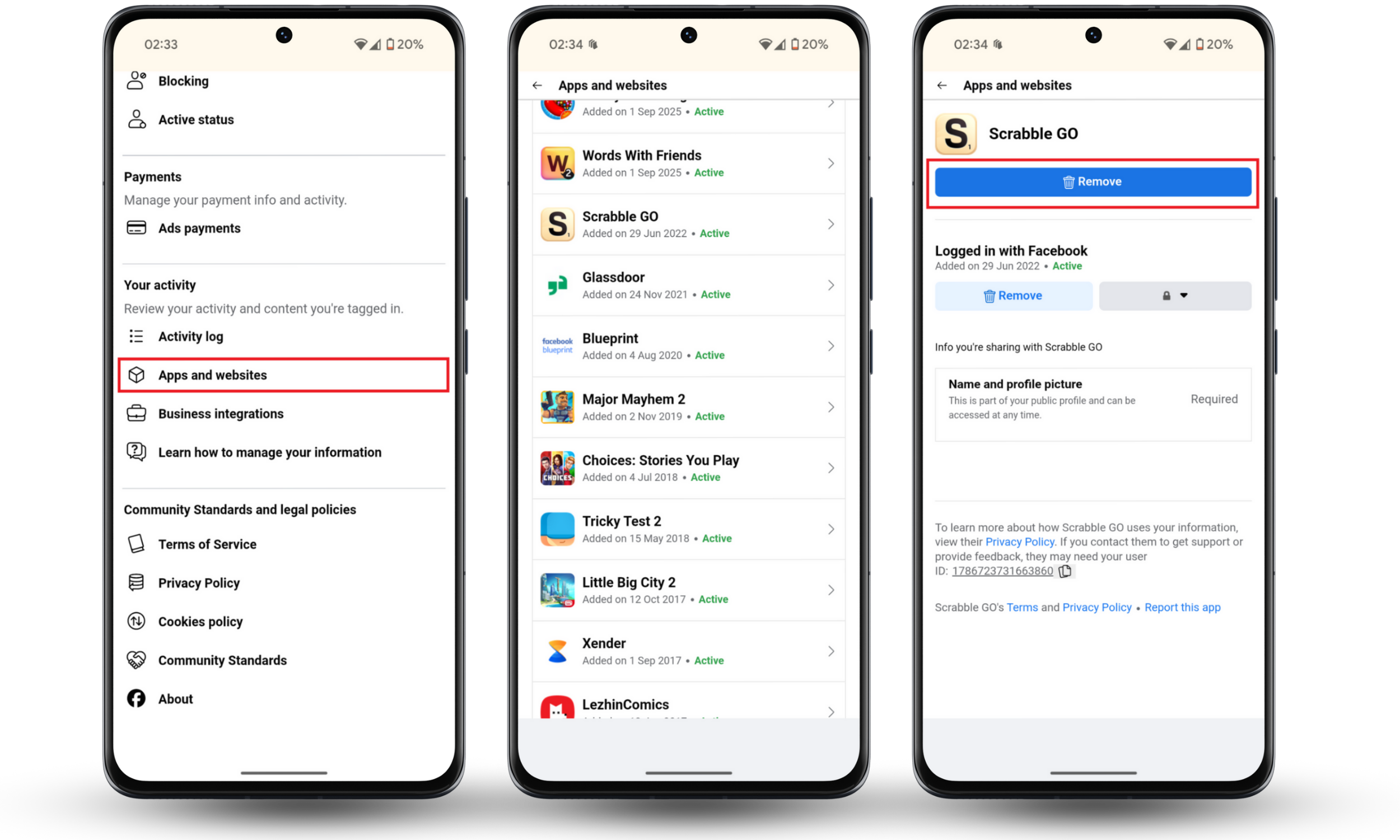 Facebook settings showing the Apps and Websites section, a list of connected apps, and the option to remove a suspicious app to protect a Facebook Messenger account from being hacked. Facebook settings showing the Apps and Websites section, a list of connected apps, and the option to remove a suspicious app to protect a Facebook Messenger account from being hacked.