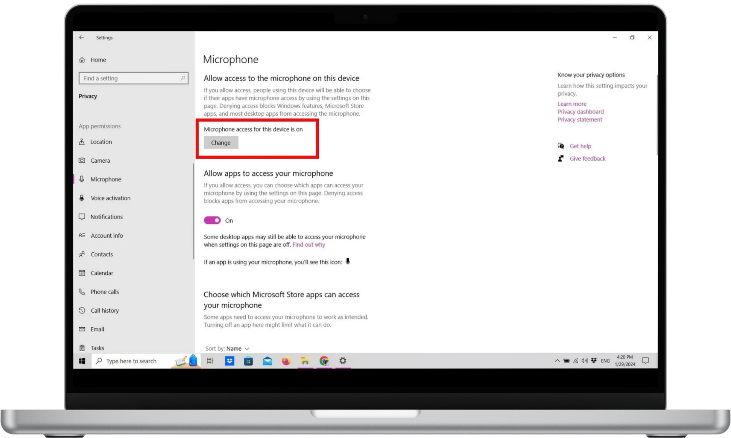 Microphone privacy settings with Change highlighted Microphone privacy settings with Change highlighted