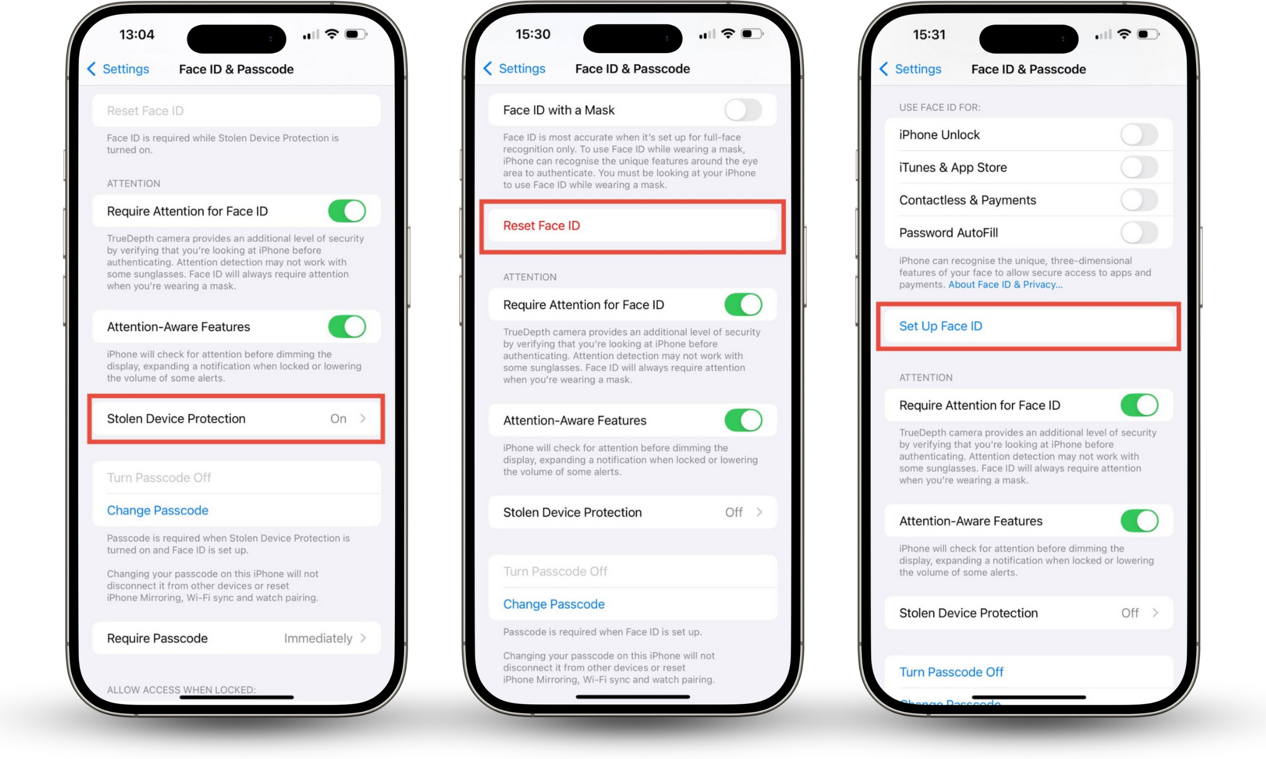 Use Clario Anti Spy's Device system check feature when Face ID not available issue arises. Face ID & Passcode feature highlighted. Face ID & Passcode settings open on iPhone. Stolen Device Protection feature disabled. Reset Face ID and Set Up Face ID features highlighted. Use Clario Anti Spy's Device system check feature when Face ID not available issue arises. Face ID & Passcode feature highlighted. Face ID & Passcode settings open on iPhone. Stolen Device Protection feature disabled. Reset Face ID and Set Up Face ID features highlighted.