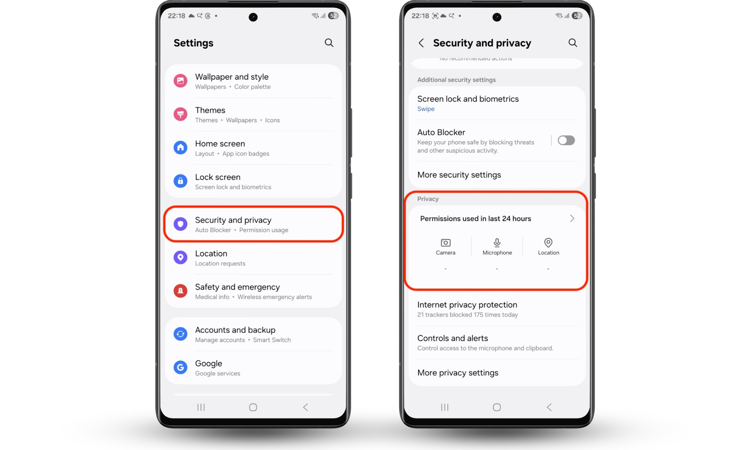The Settings app on an Android phone showing the Security & privacy menu, with the Permission Manager option highlighted to guide users in checking app permissions for potential spyware. The Settings app on an Android phone showing the Security & privacy menu, with the Permission Manager option highlighted to guide users in checking app permissions for potential spyware.