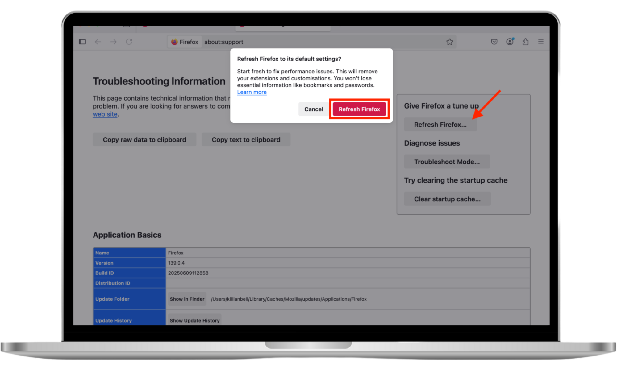 The Reset Firefox confirmation prompt on Mac. Use this to reset all Firefox settings when your browser has been infected by Look2Me malware. The Reset Firefox confirmation prompt on Mac. Use this to reset all Firefox settings when your browser has been infected by Look2Me malware.