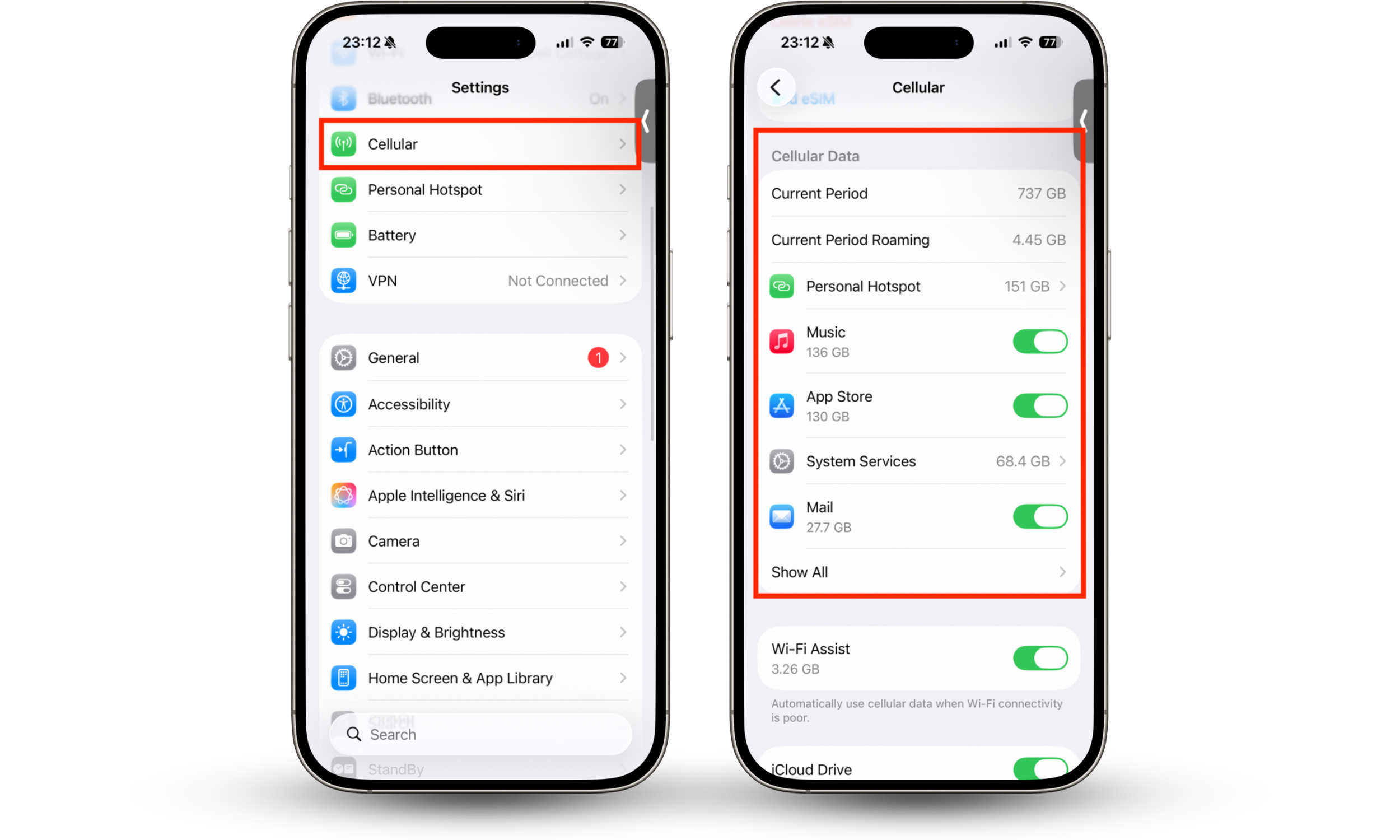 The Battery and Cellular usage stats within the Settings app on iPhone. When you're wondering how to check iPhone for virus in Settings, inspect your Battery and Cellular stats to see if any suspicious apps are showing excessive usage.