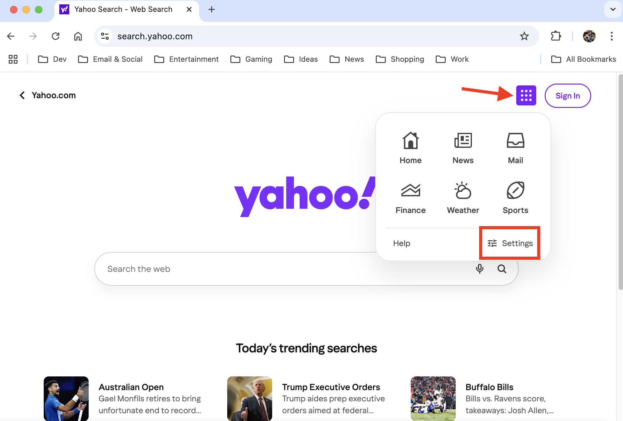 The Yahoo search page in Google Chrome on Mac. You can open the options menu and then click Settings to find your Safe Search preferences. The Yahoo search page in Google Chrome on Mac. You can open the options menu and then click Settings to find your Safe Search preferences.