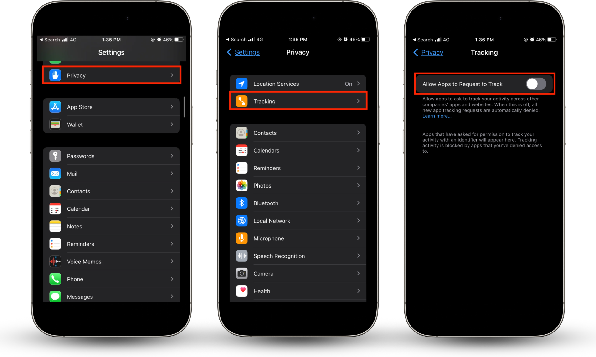 iPhone Settings steps showing how to turn off app tracking: Privacy menu, Tracking option, and Allow Apps to Request to Track toggle switched off