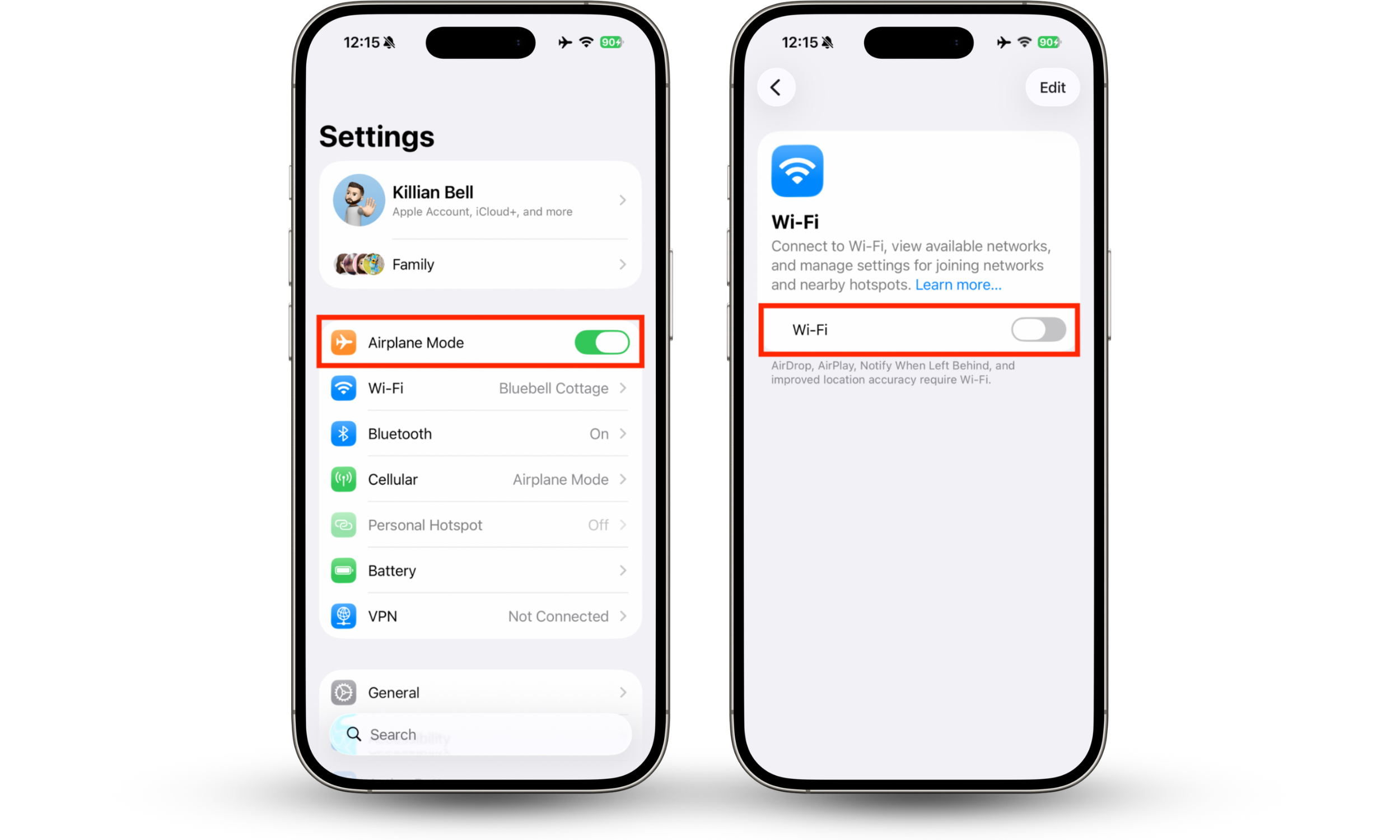 The Airplane Mode and Wi-Fi options within the Settings app on iOS. If you're wondering how to deal with Spyera on iPhone after you detect it, first enable Airplane Mode and disable Wi-Fi to stop it communicating.