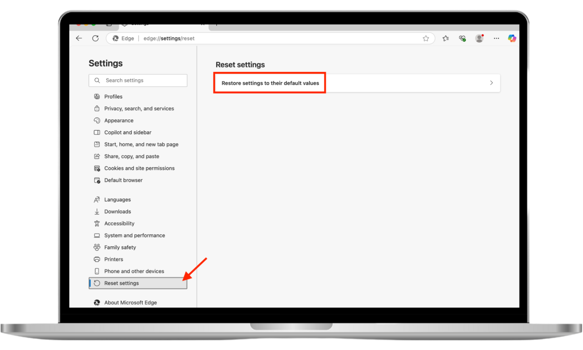 The Restore settings to their default values option in Microsoft Edge on Mac. Use this to reset Microsoft Edge when you believe the browser has been affected by Look2Me spyware. The Restore settings to their default values option in Microsoft Edge on Mac. Use this to reset Microsoft Edge when you believe the browser has been affected by Look2Me spyware.