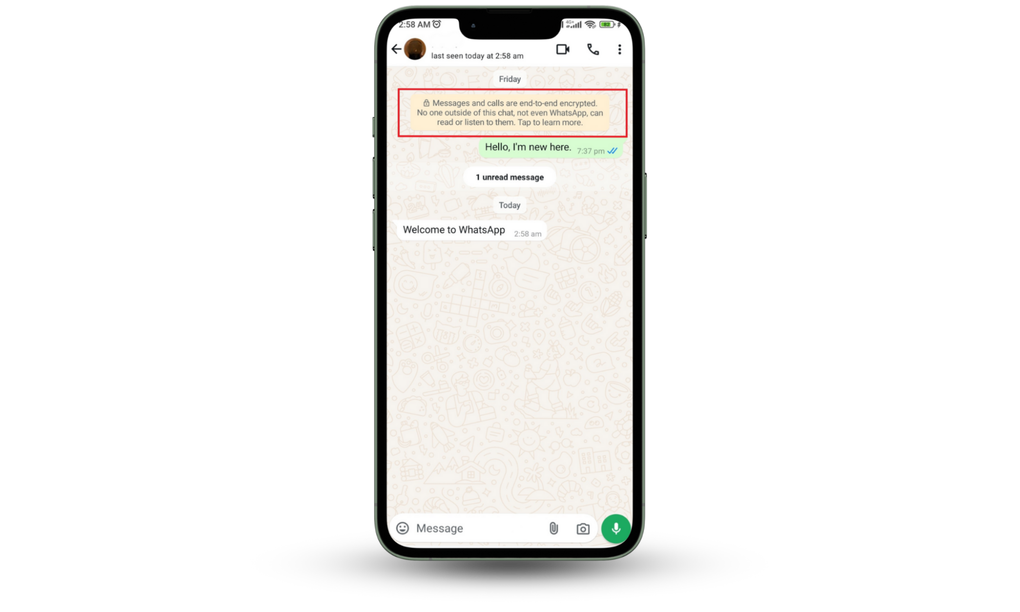 WhatsApp message tag describing their end-to-end encryption which keeps WhatsApp safe from government spying. WhatsApp message tag describing their end-to-end encryption which keeps WhatsApp safe from government spying.