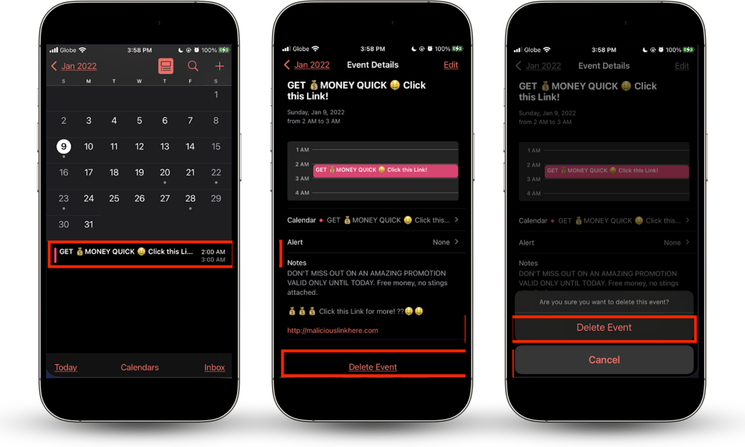How to delete iPhone spam event