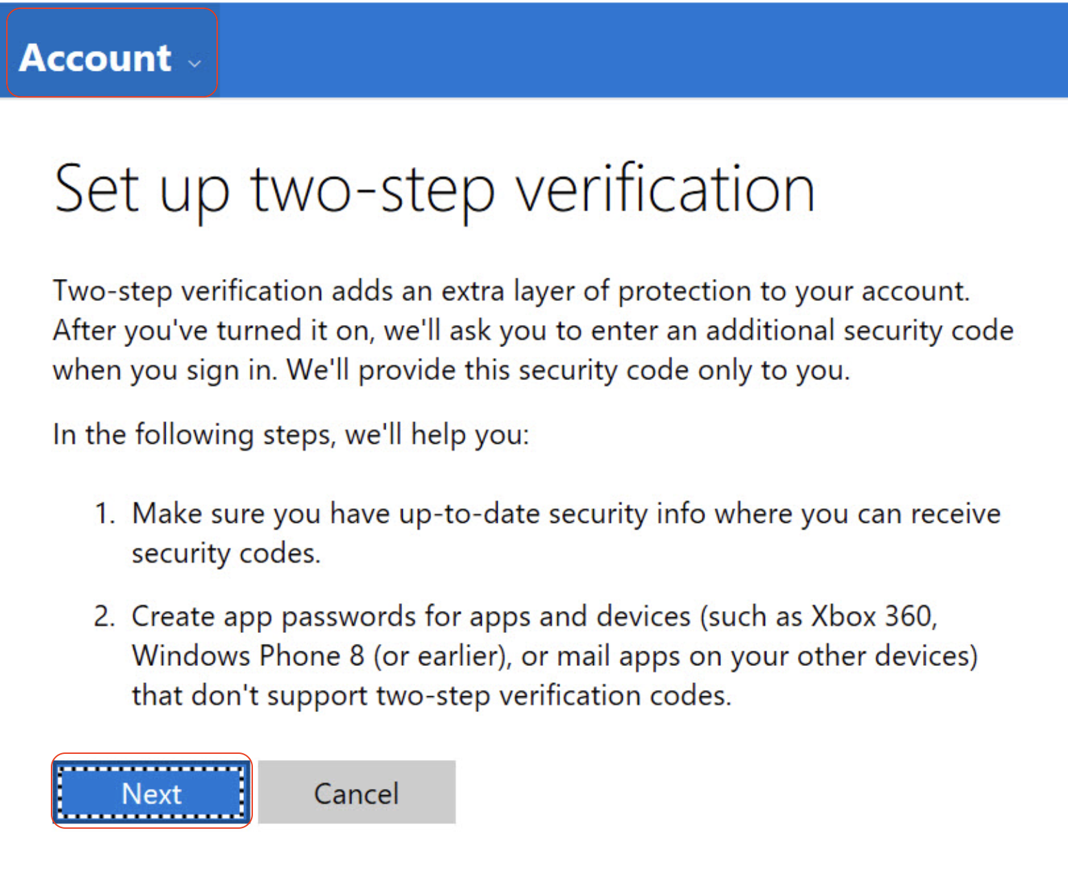 Microsoft Account setup screen titled 