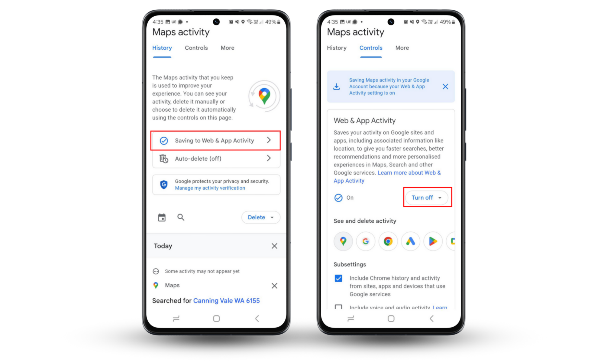 To pause location sharing without them knowing, turn off Maps history in Google. Once in Maps history settings, press Saving to Web & App Activity > Turn off.