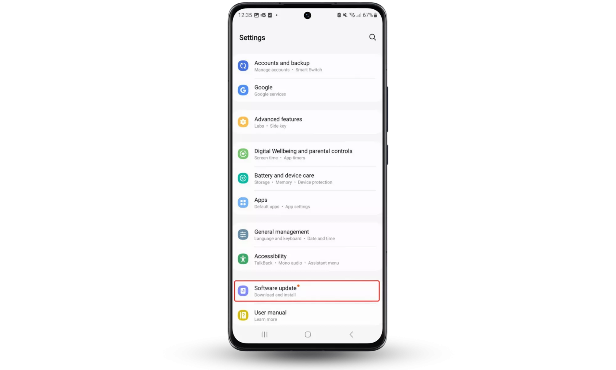 The Settings app on an Android, with Software Update highlighted. To remove hackers from phone, you can download and install software updates.