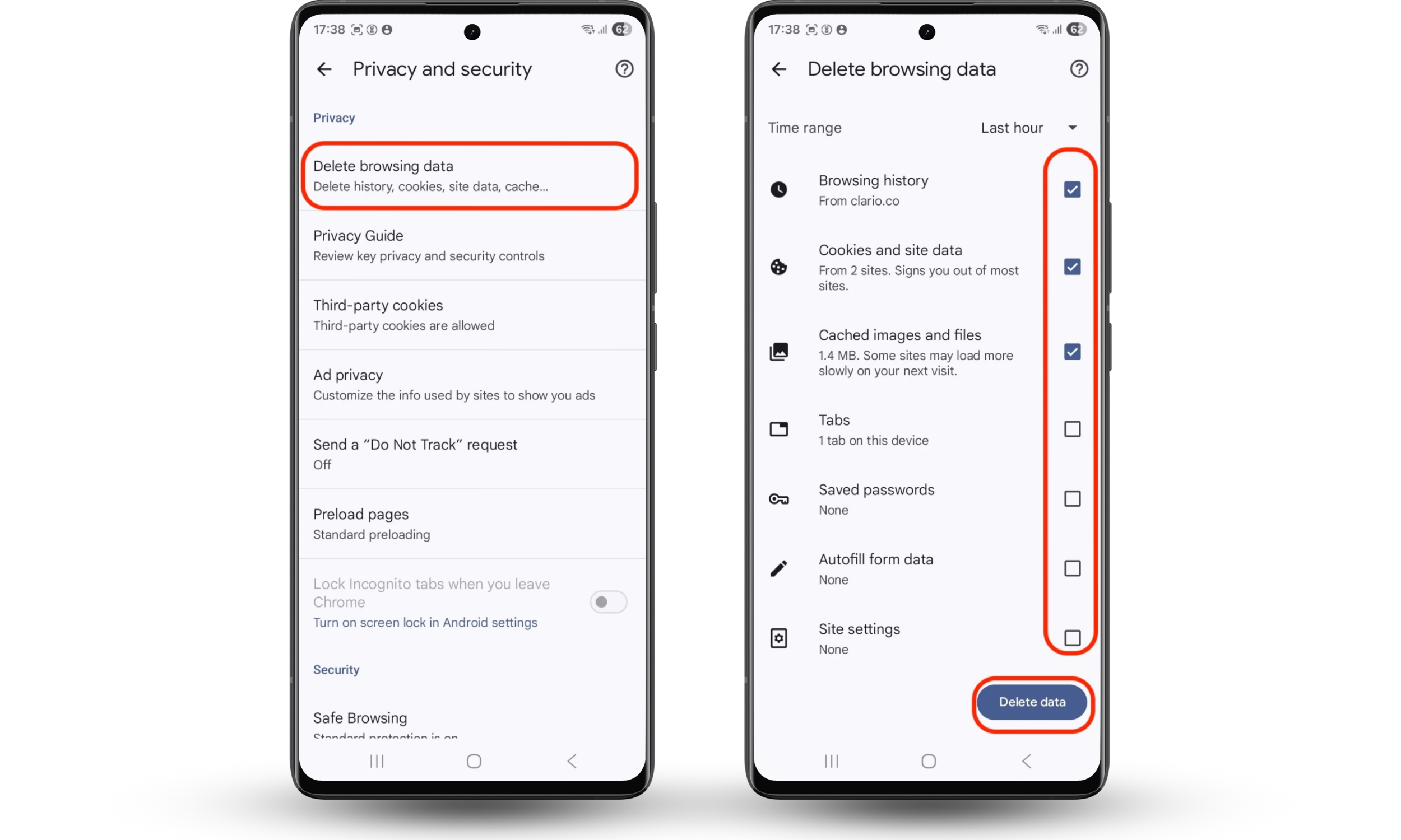 Chrome Android Delete browsing data screen showing Cookies and site data and Cached images and files selected to remove browser hijacker traces