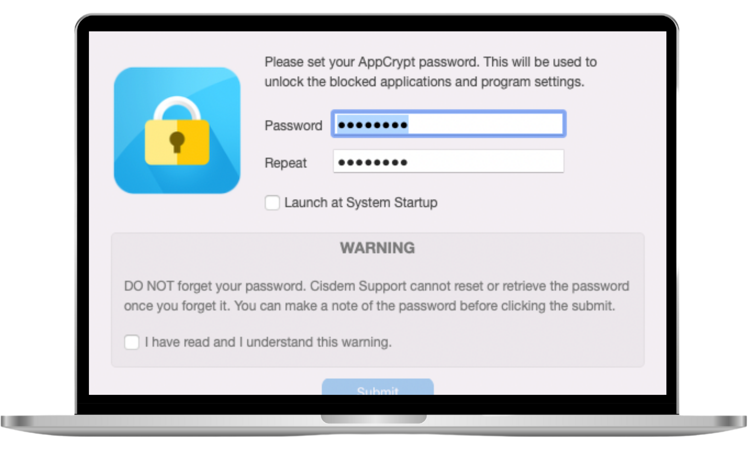 The Cisdem AppCrypt login window on a Mac, showing a password field with a prompt to enter the user’s password and an unlock button to access the app. The Cisdem AppCrypt login window on a Mac, showing a password field with a prompt to enter the user’s password and an unlock button to access the app.