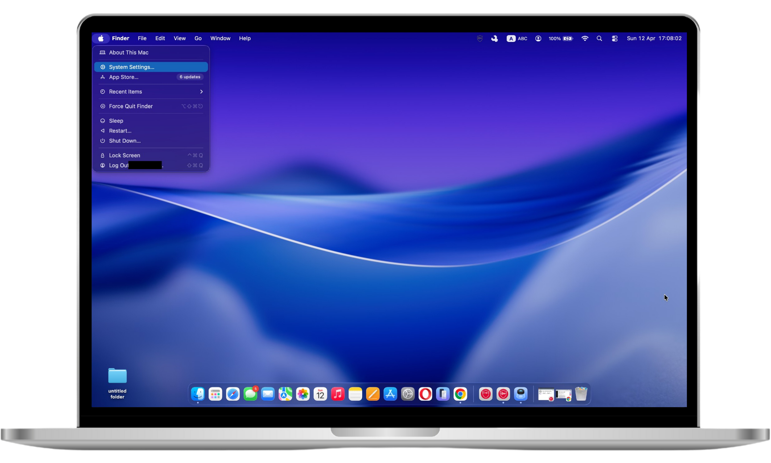 Mac screen showing Apple menu dropdown with System Settings option selected to access device preferences