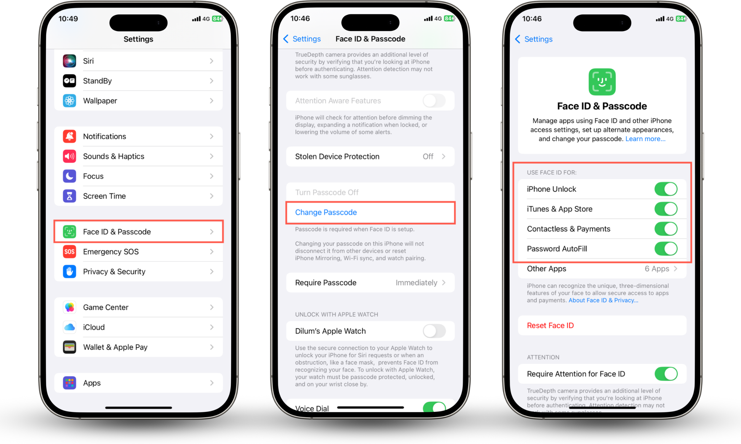 These iOS screenshots show how to change your device passcode and biometric settings as part of securing your iPhone from theft.
