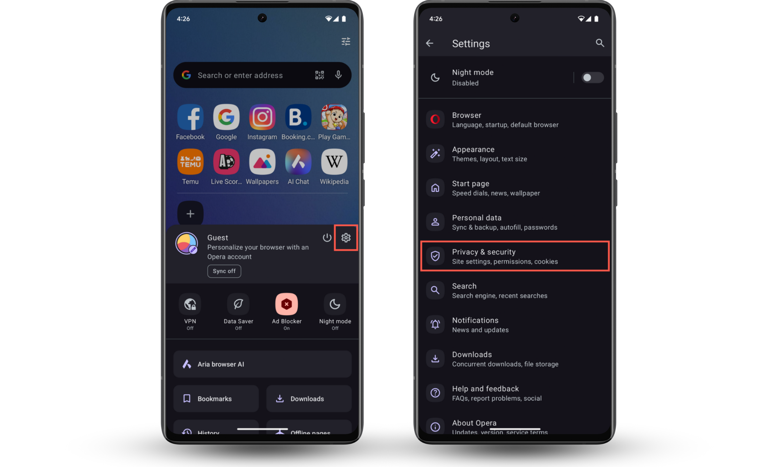 These Opera screenshots show how to visit the browser's Privacy & security screen so that you can remove cookies from your Android. These Opera screenshots show how to visit the browser's Privacy & security screen so that you can remove cookies from your Android.