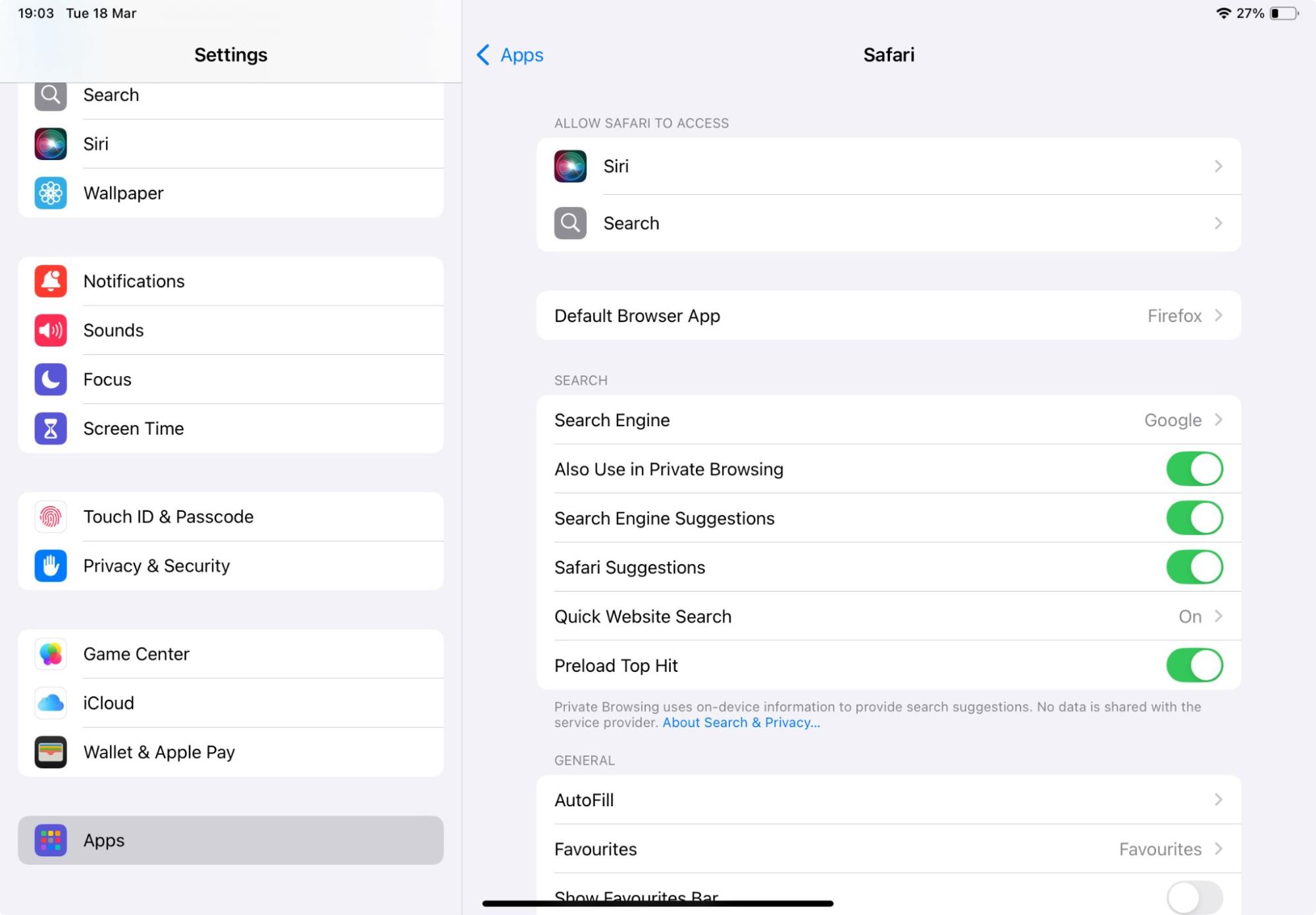 An iPad showing the Safari browser settings. For anyone trying to find spyware on iPad, look for unexpected changes to your browser settings. An iPad showing the Safari browser settings. For anyone trying to find spyware on iPad, look for unexpected changes to your browser settings.