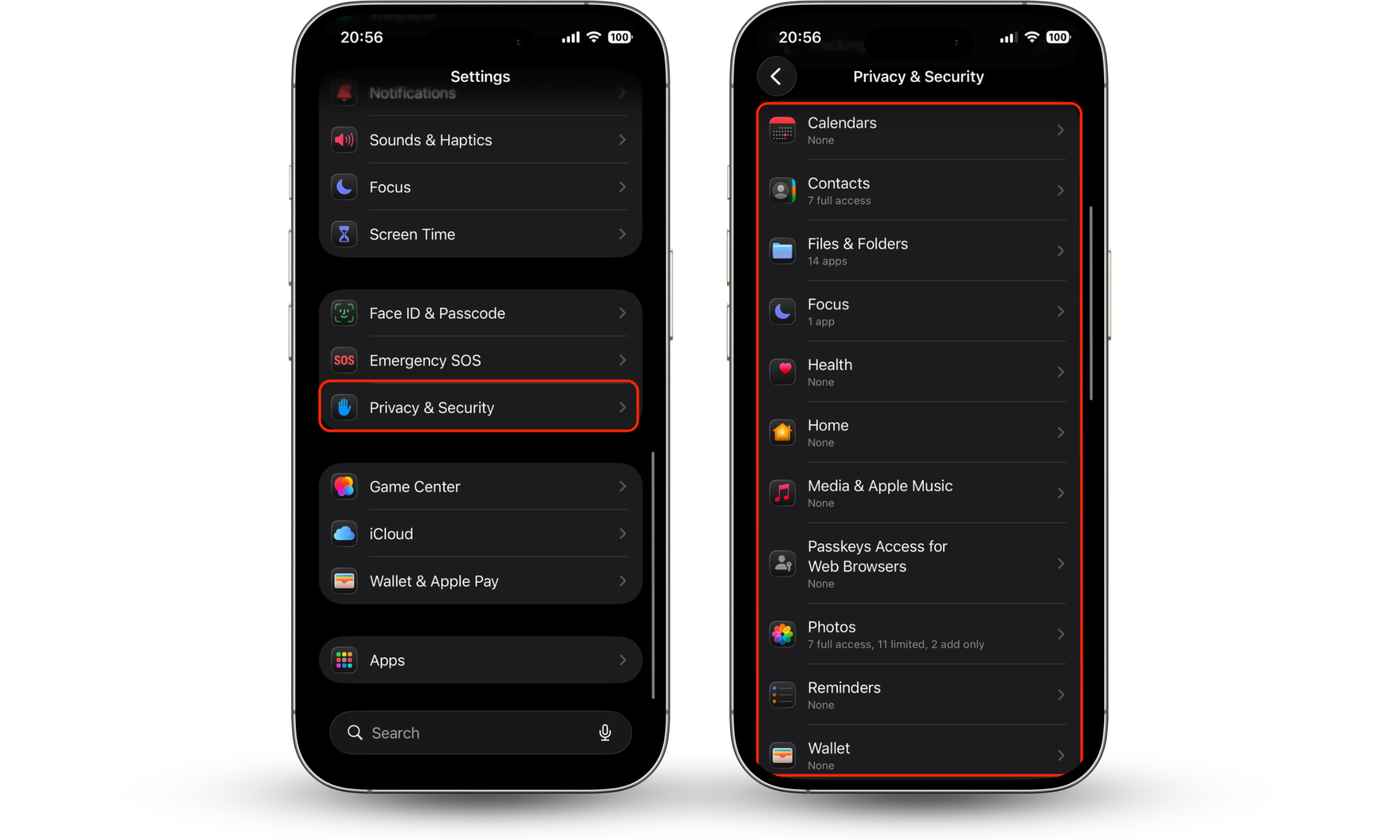 iPhone Privacy & Security settings showing how to manage app permissions and revoke access to data like location, photos, or microphone