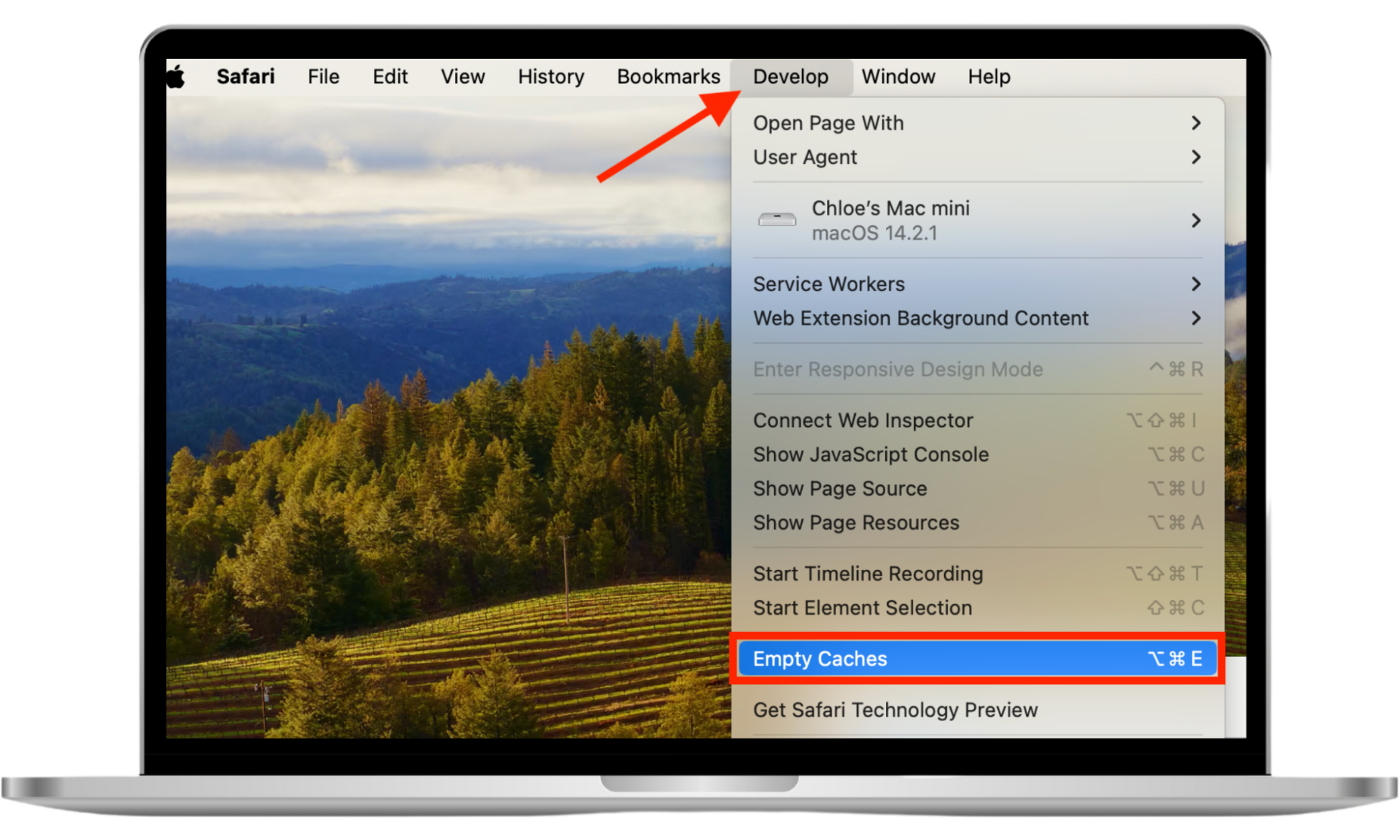 The Empty Caches option in Safari's Develop menu on Mac. Empty Caches to remove potentially dangerous files from Safari after it's been infected by Look2Me. The Empty Caches option in Safari's Develop menu on Mac. Empty Caches to remove potentially dangerous files from Safari after it's been infected by Look2Me.