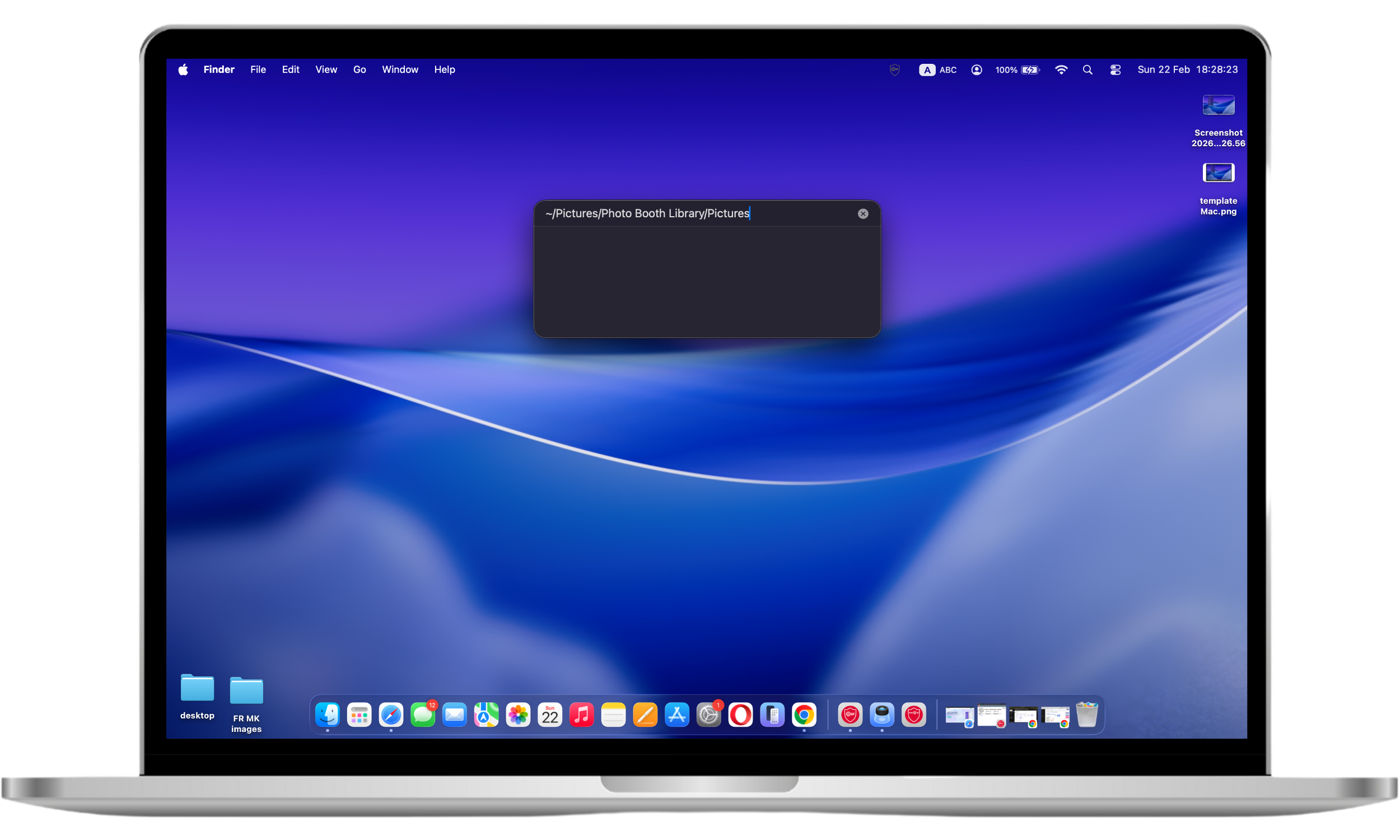 Mac Go to Folder window with the path ~/Pictures/Photo Booth Library/Pictures entered to locate webcam photos and videos.