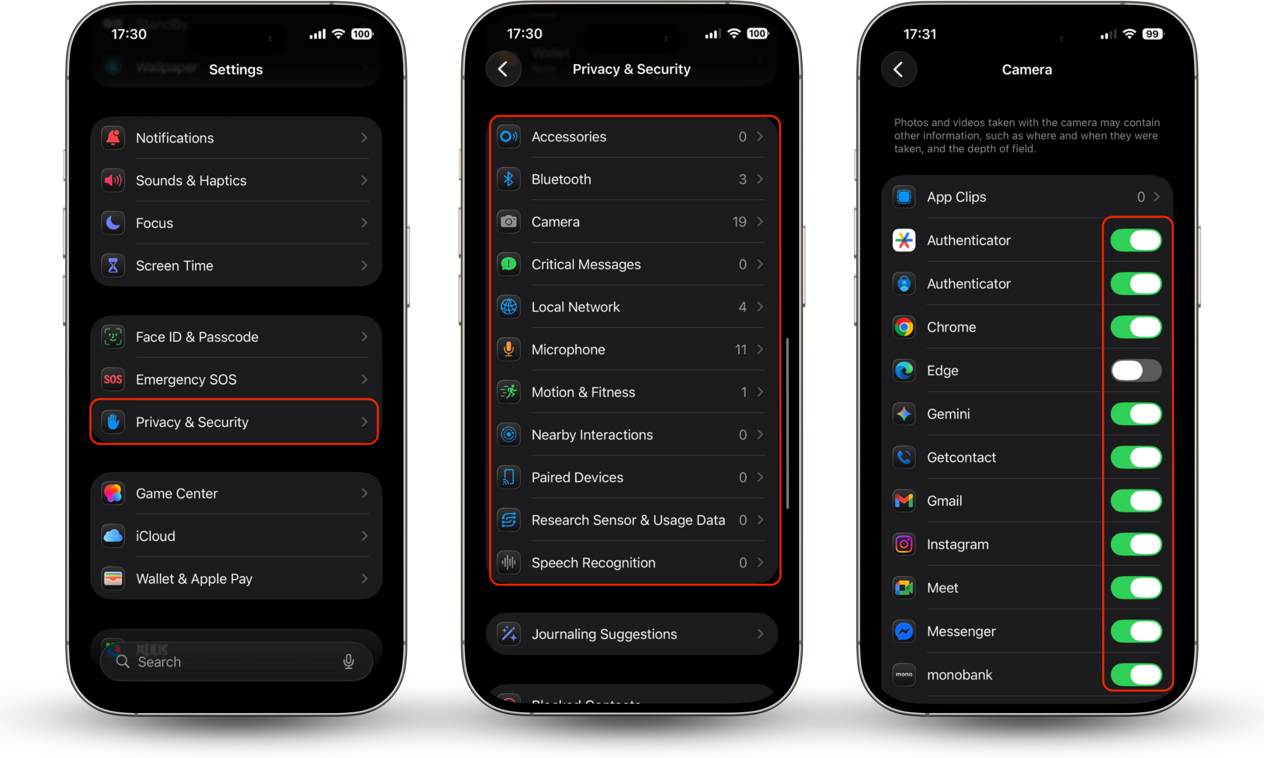 iPhone Privacy & Security settings showing permission categories and app access controls used to reduce zero-day attack risk