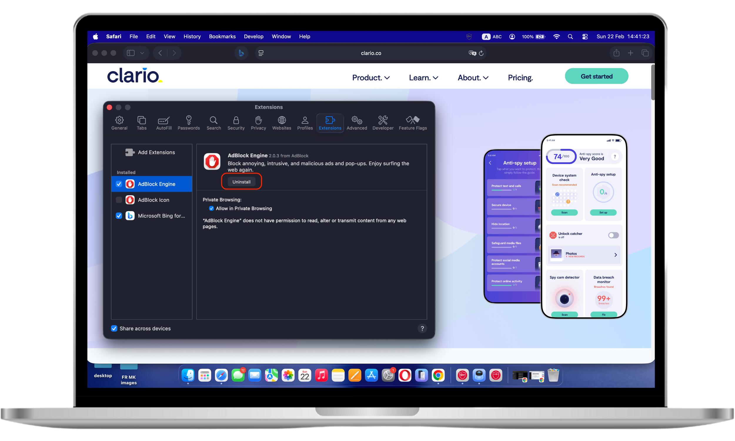 Safari Extensions tab showing an unknown extension selected with the Uninstall button highlighted for removal