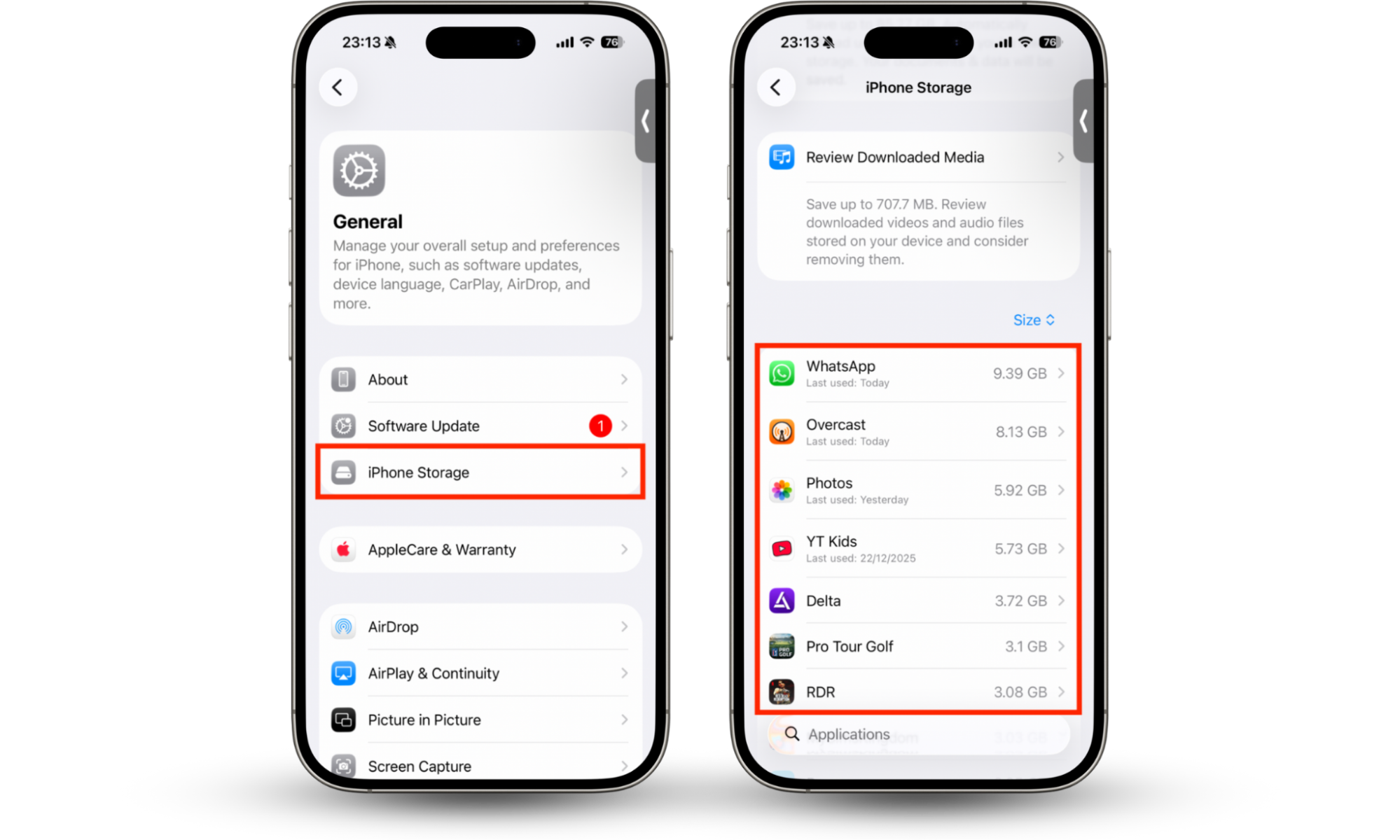 The iPhone Storage section in the Settings app on iPhone. When you're trying to see how to detect Spyera on iPhone, check your list of installed apps to see if there's anything suspicious.