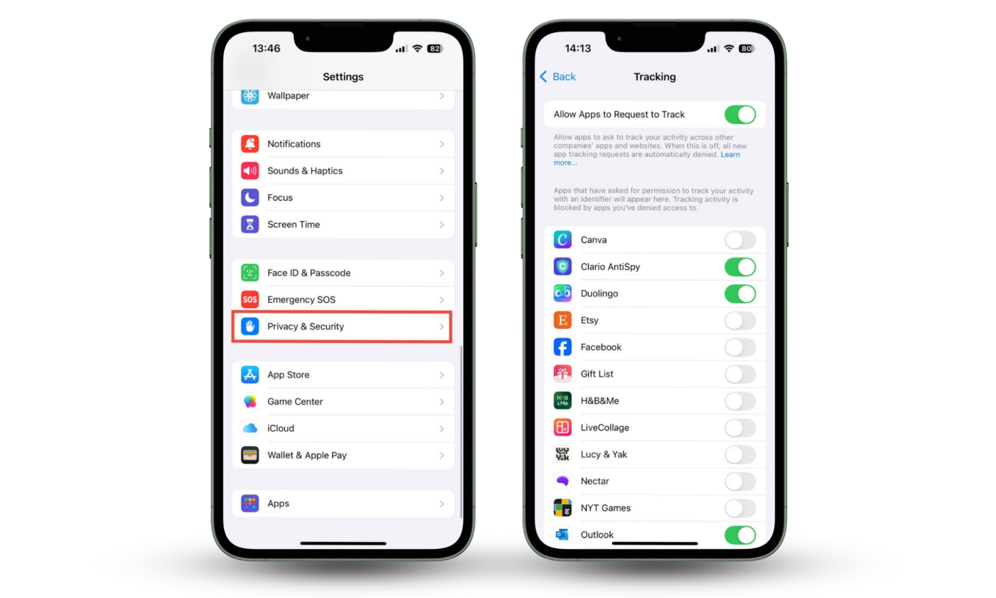 iPhone settings, showing how to modify tracking settings. Some iPhone app permissions include tracking across other apps and websites. iPhone settings, showing how to modify tracking settings. Some iPhone app permissions include tracking across other apps and websites.