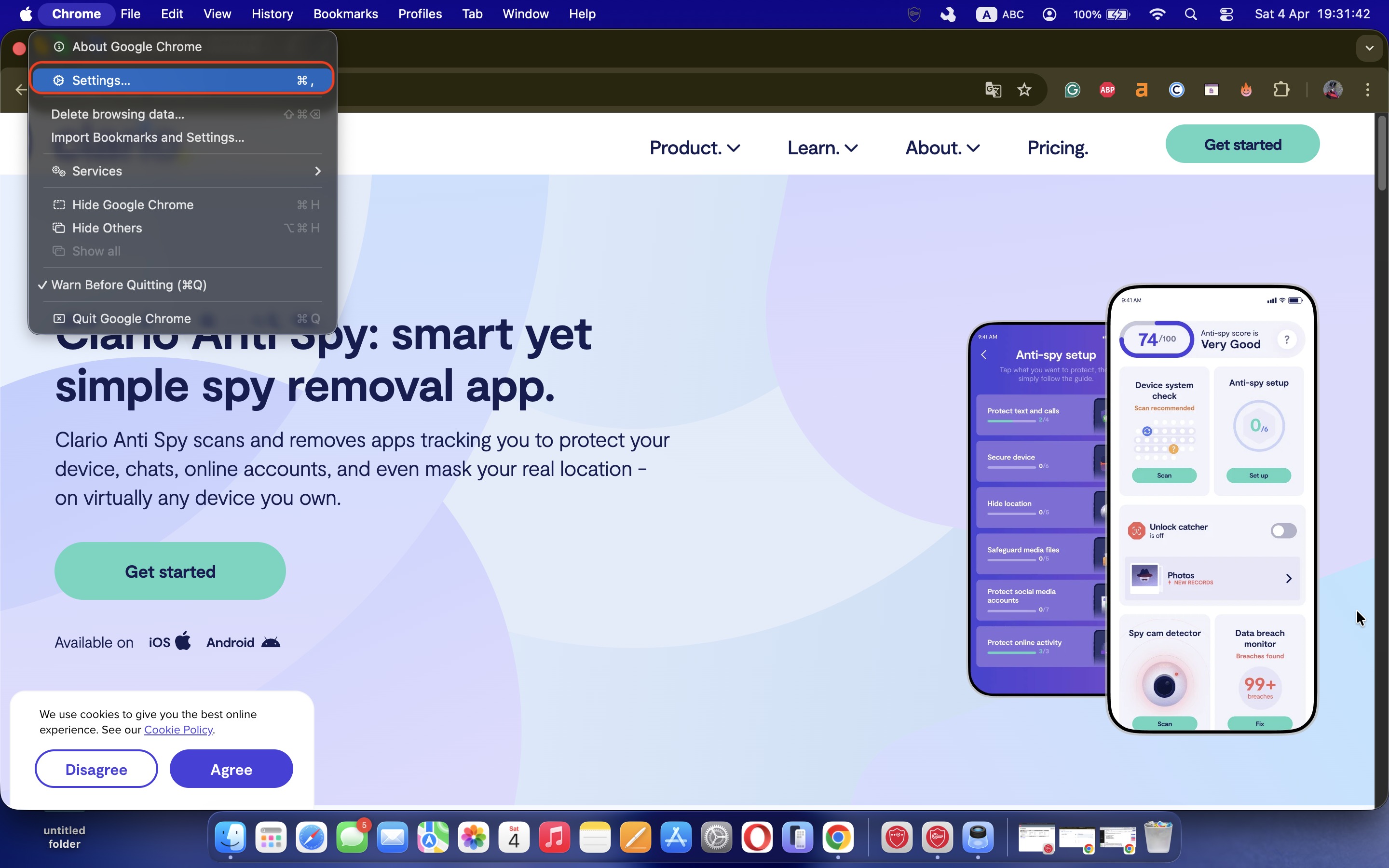 The Google Chrome browser on a Mac displaying the Settings page, guiding the user to access browser configuration options to check for adware-related changes. The Google Chrome browser on a Mac displaying the Settings page, guiding the user to access browser configuration options to check for adware-related changes.