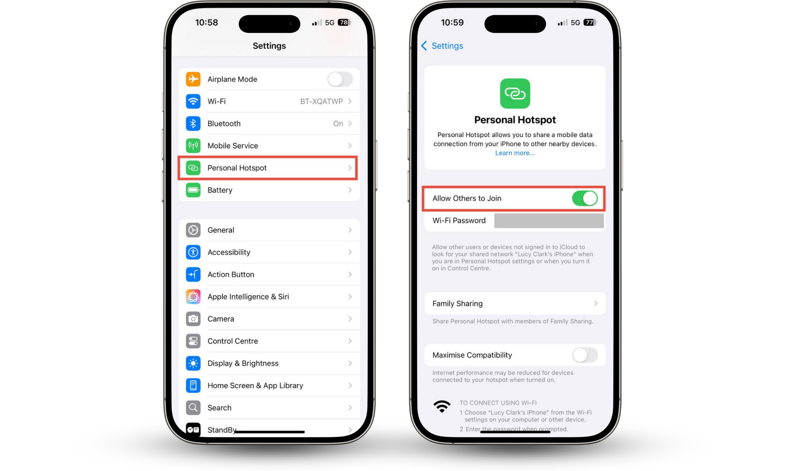 To check if your phone is connected to another device, look at your iPhone's Wi-Fi hotspot settings.