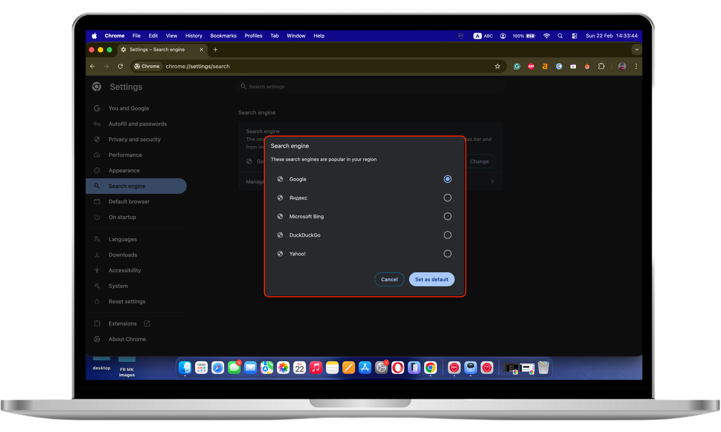 Chrome Settings page showing the default search engine dropdown menu being used to select a preferred search engine
